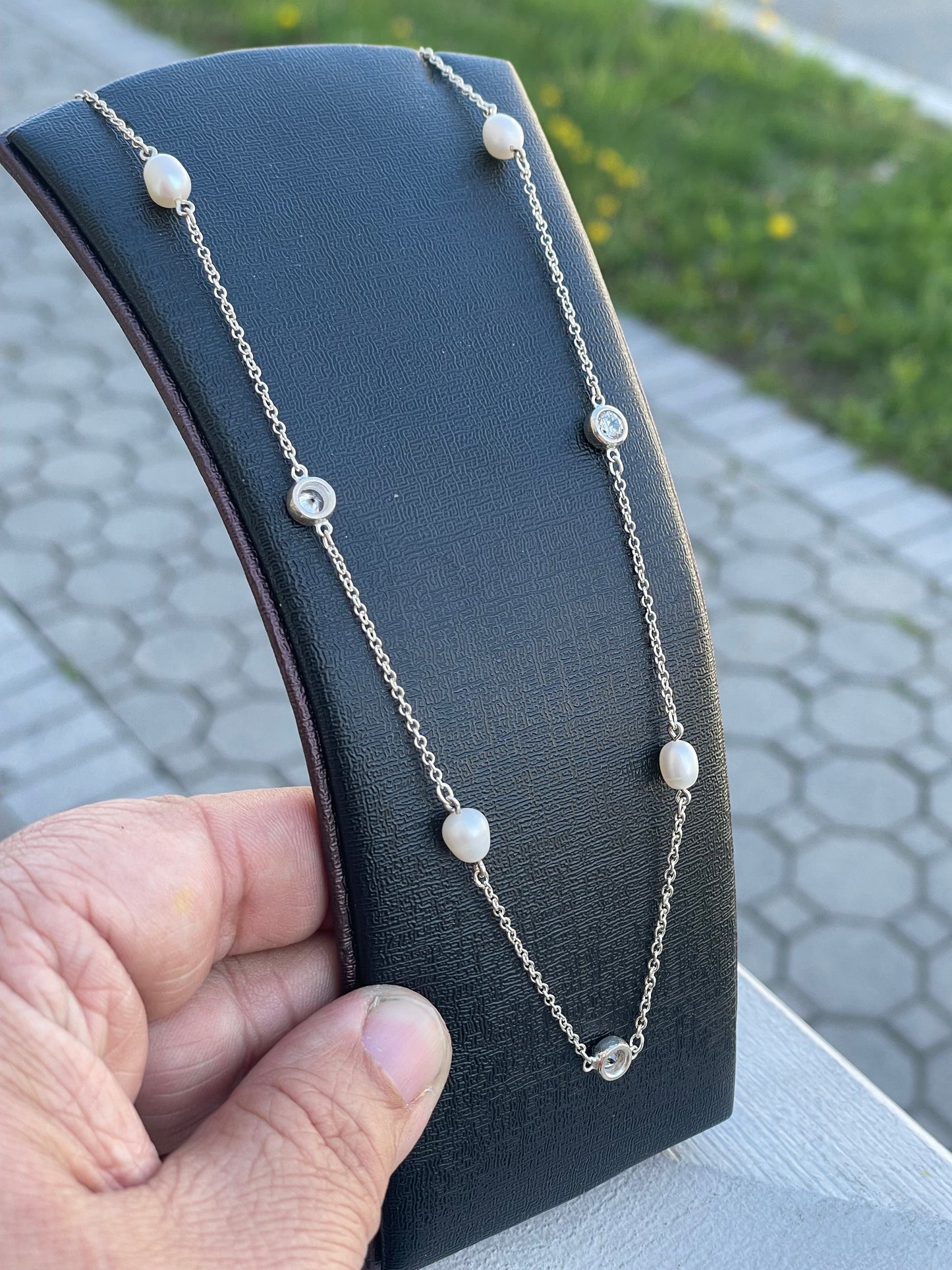 925 Sterling Silver CZ & Pearl Station Necklace 16”