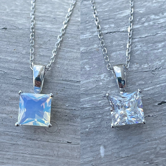 925 Sterling Silver 1.00 Clear Zirconia or Opalite Princess Cut Solitaire Necklace