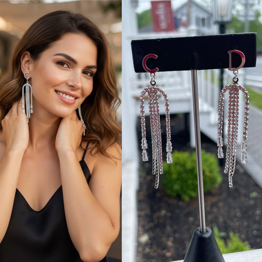 Silver Plated Christian Dior Style Clear Crystal Chandelier Earrings