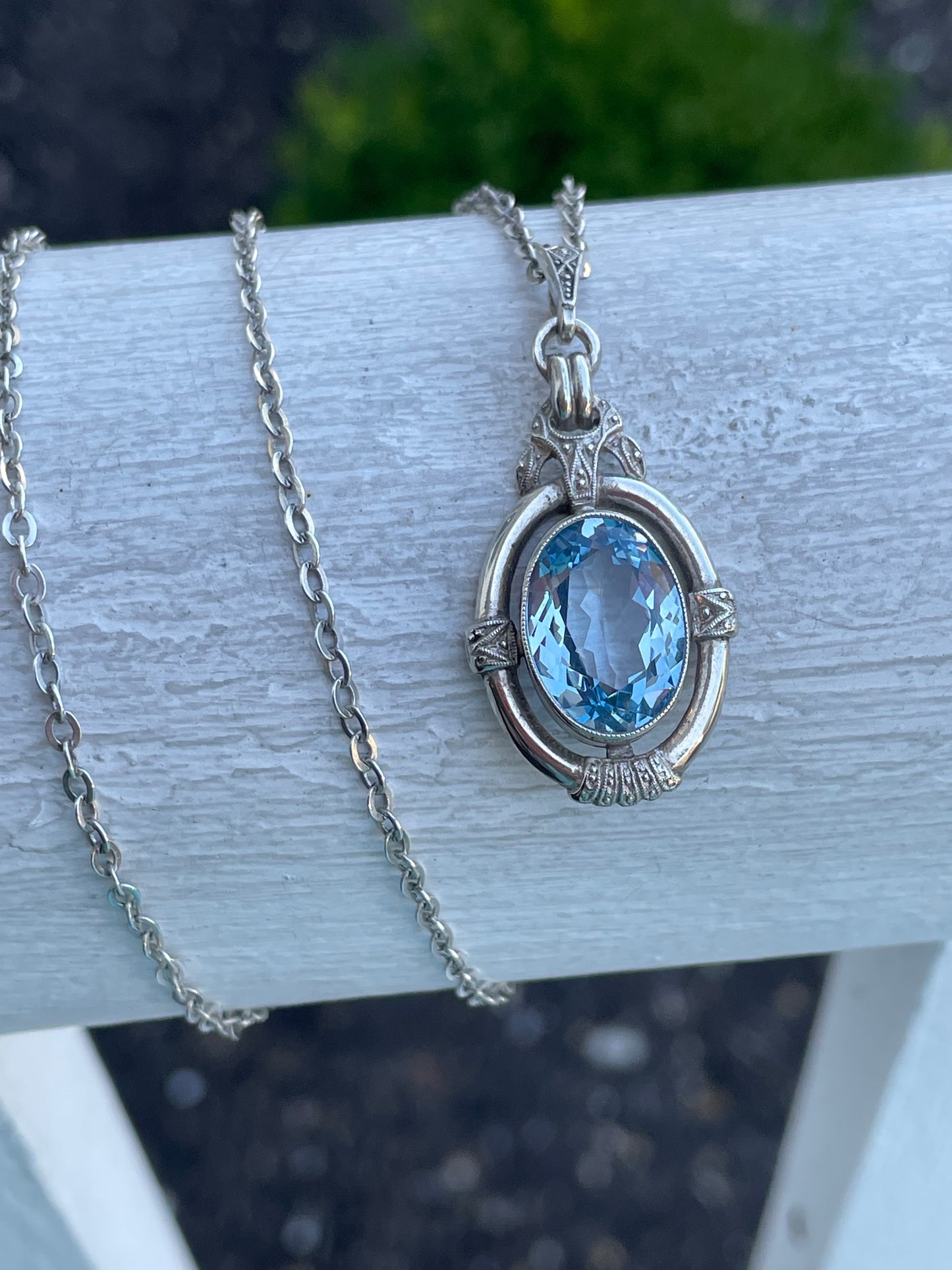 925 Sterling Silver Vintage Sky Blue Topaz Necklace w/ 24” Chain
