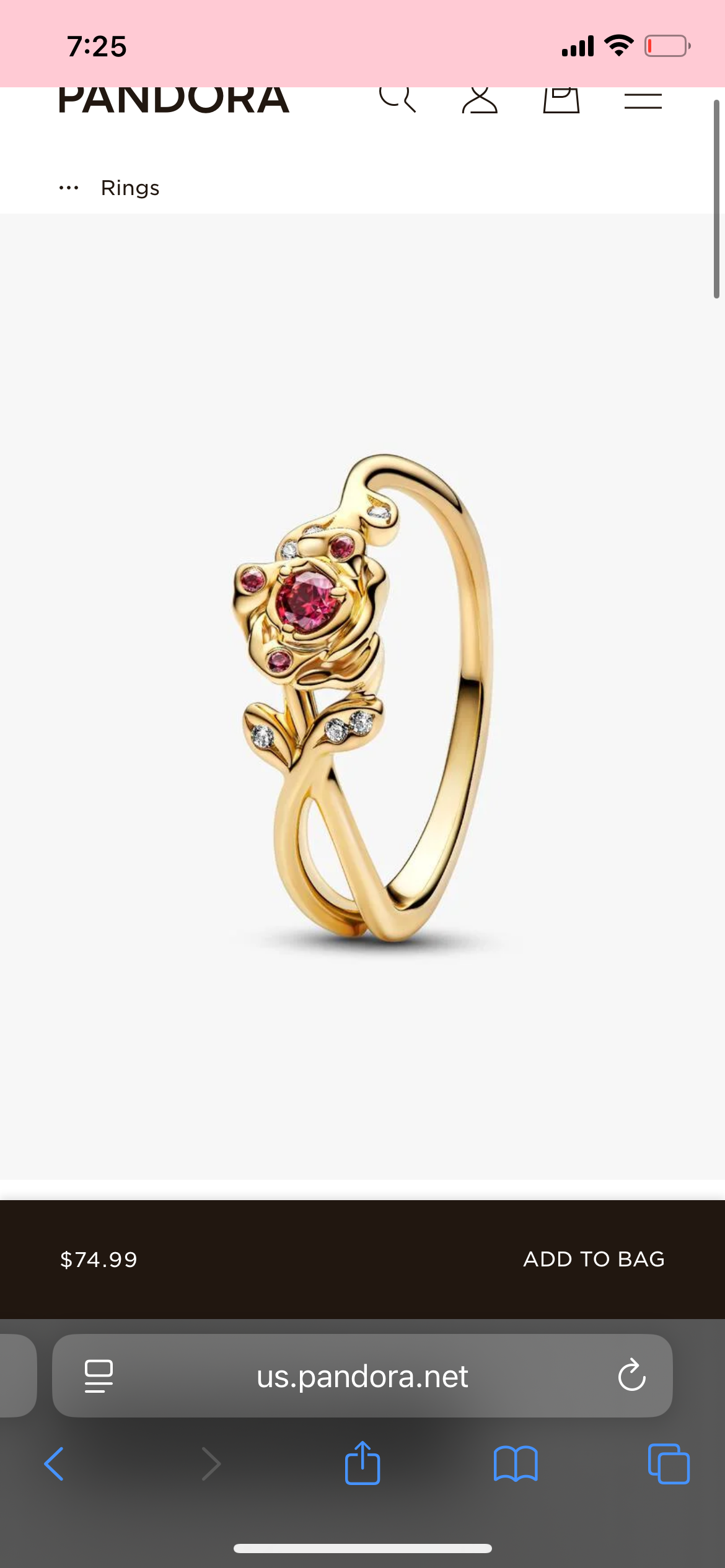Pandora 160017C01 Beauty & The Beast Rose Ring Size 7