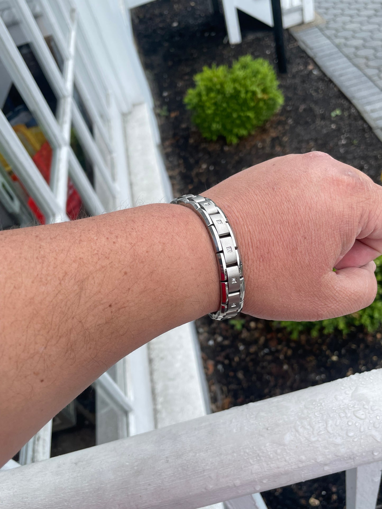 Stainless Steel & Titanium Natural Diamond Link Bracelet 8.75”
