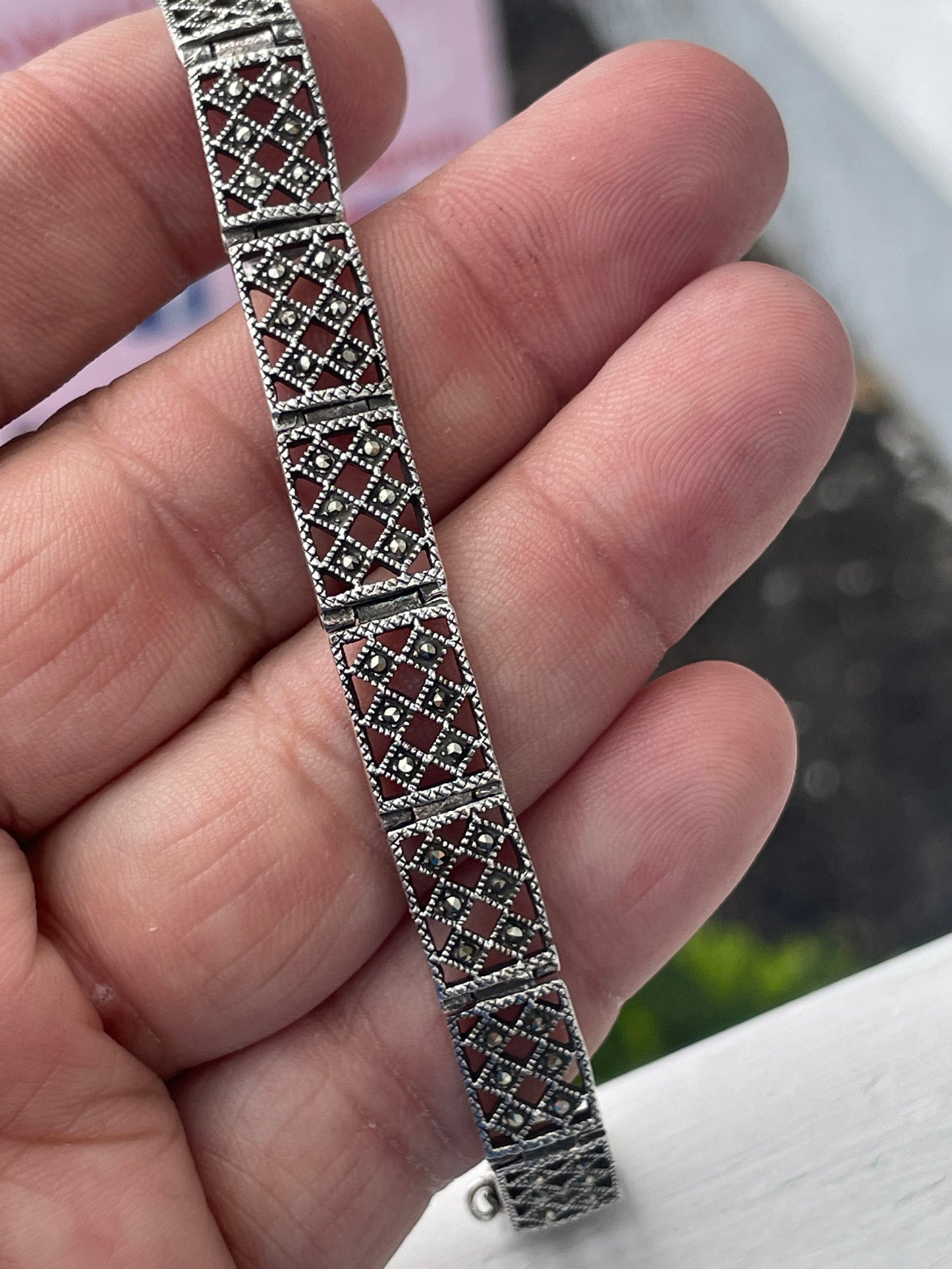 925 Sterling Silver Openwork Tile Link Marcasite Bracelet