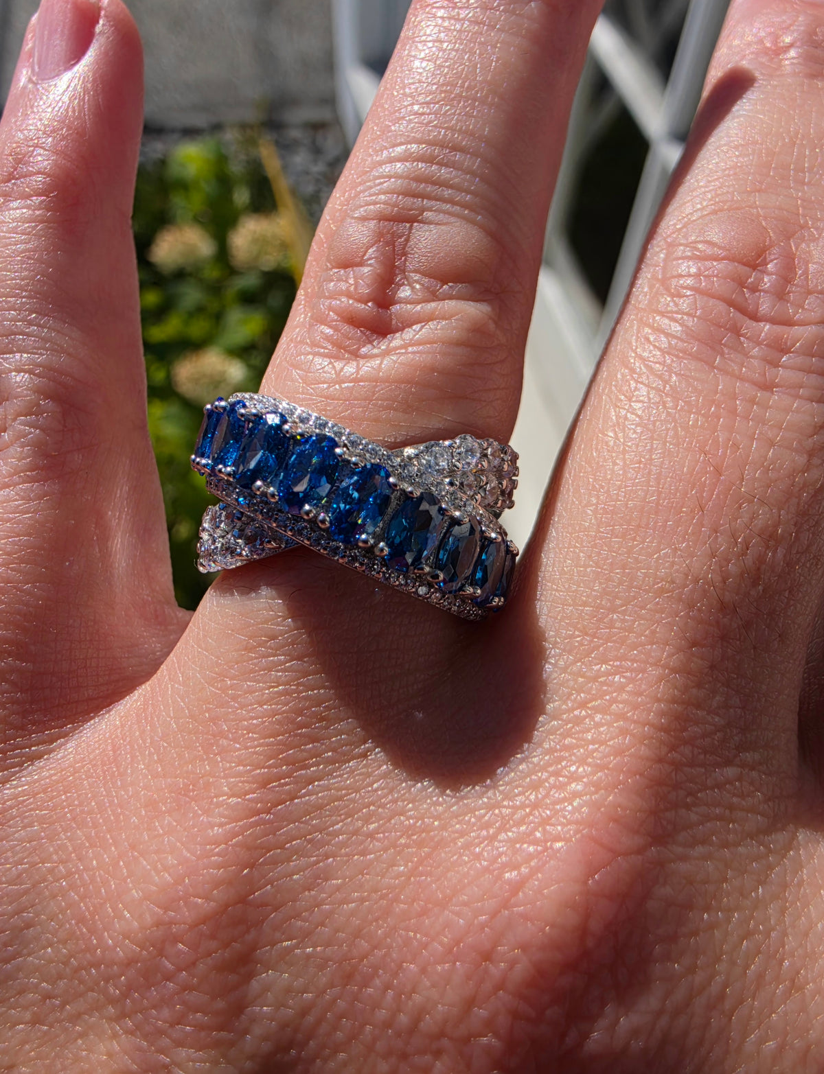 925 Sterling Silver London Blue Topaz & Zirconia CZ Crossover Ring