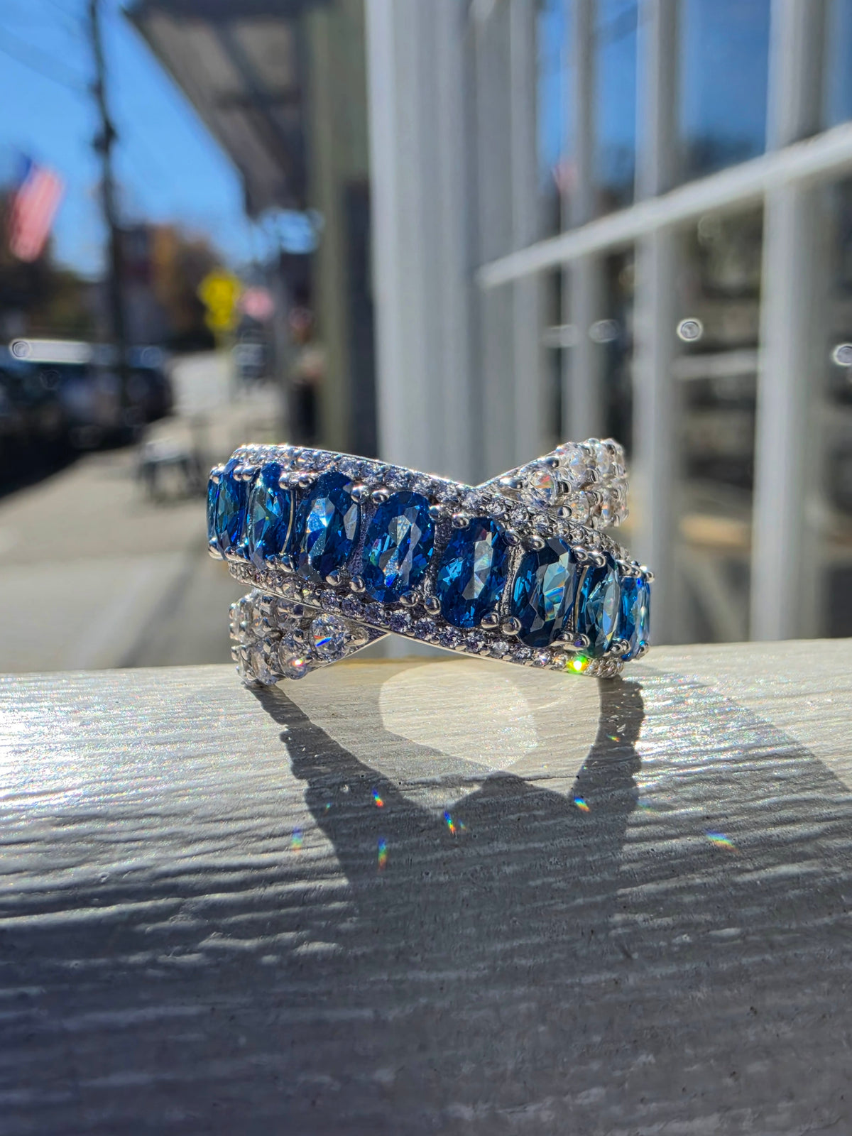925 Sterling Silver London Blue Topaz & Zirconia CZ Crossover Ring
