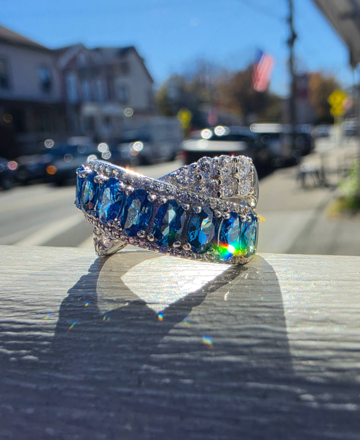 925 Sterling Silver London Blue Topaz & Zirconia CZ Crossover Ring