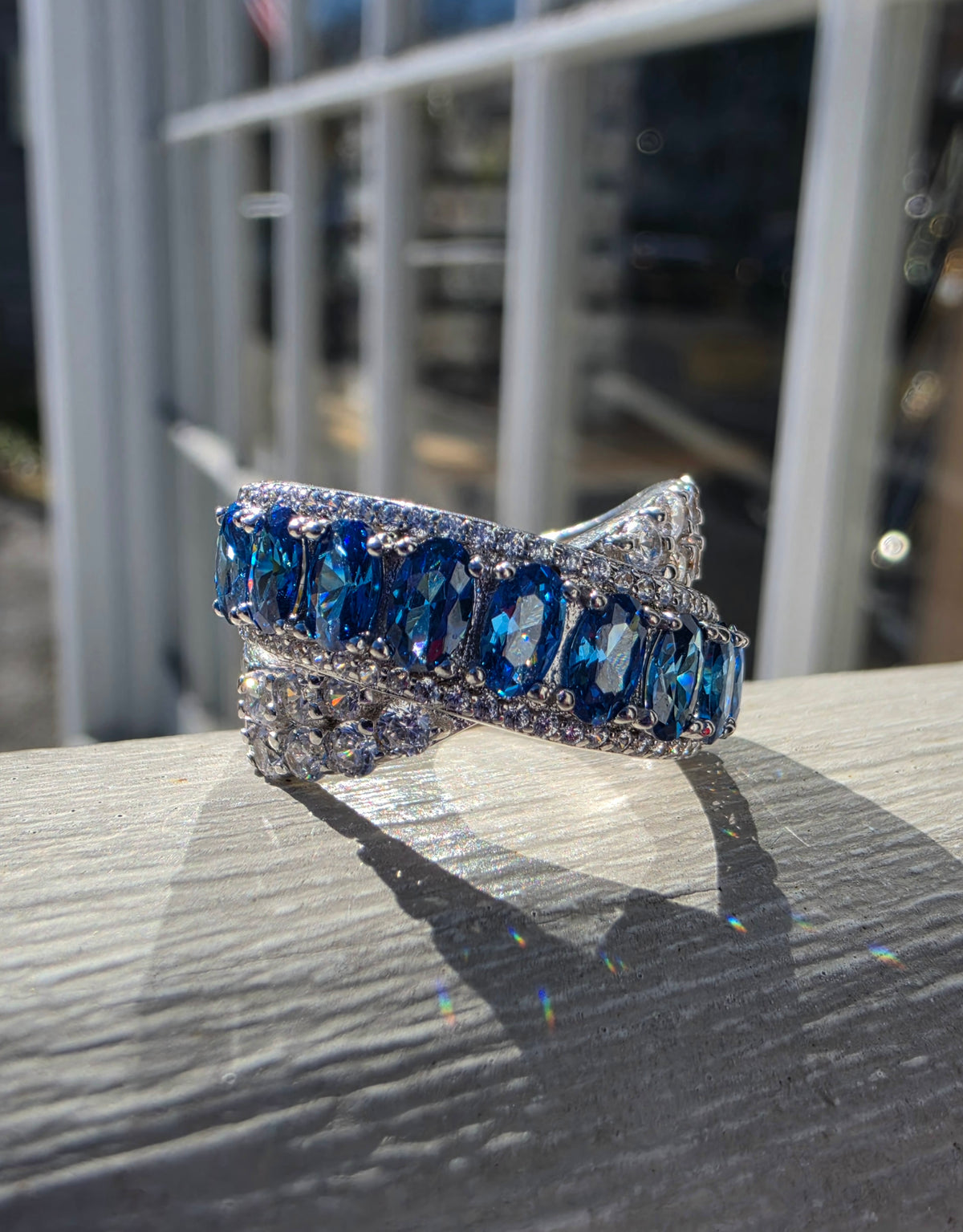 925 Sterling Silver London Blue Topaz & Zirconia CZ Crossover Ring