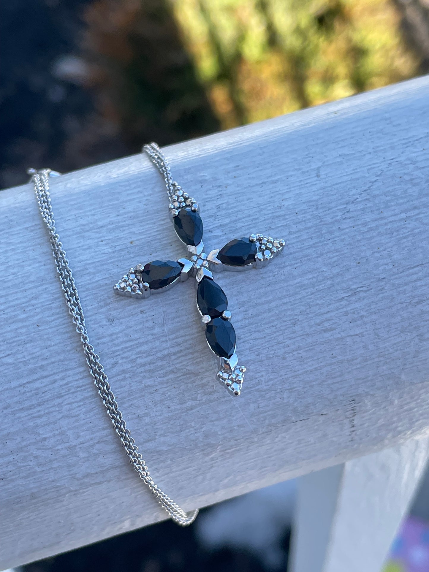 925 Sterling Silver Natural Sapphire Cross Necklace 18”