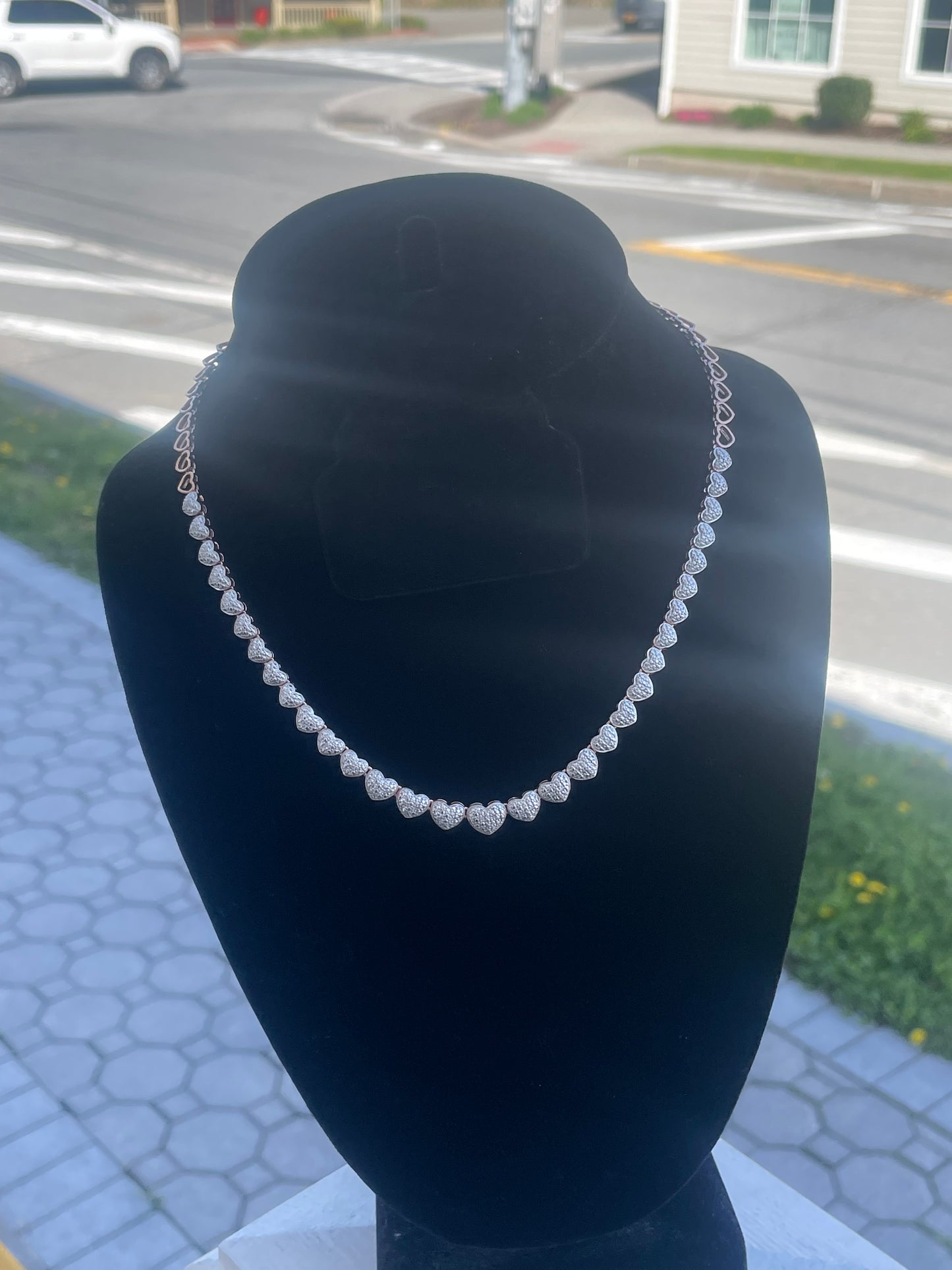 925 Sterling Silver Rose Vermeil Natural Diamond 0.20ct Heart Link Necklace 16”