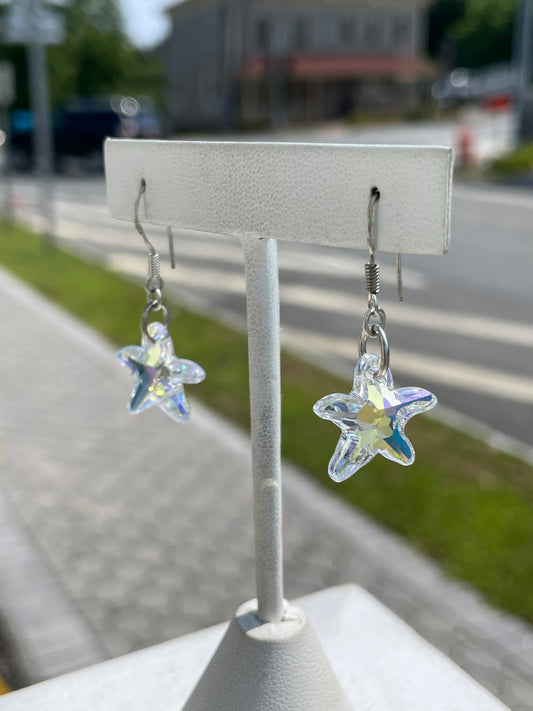925 Sterling Silver Aurora Borealis Starfish Crystal Dangle Earrings