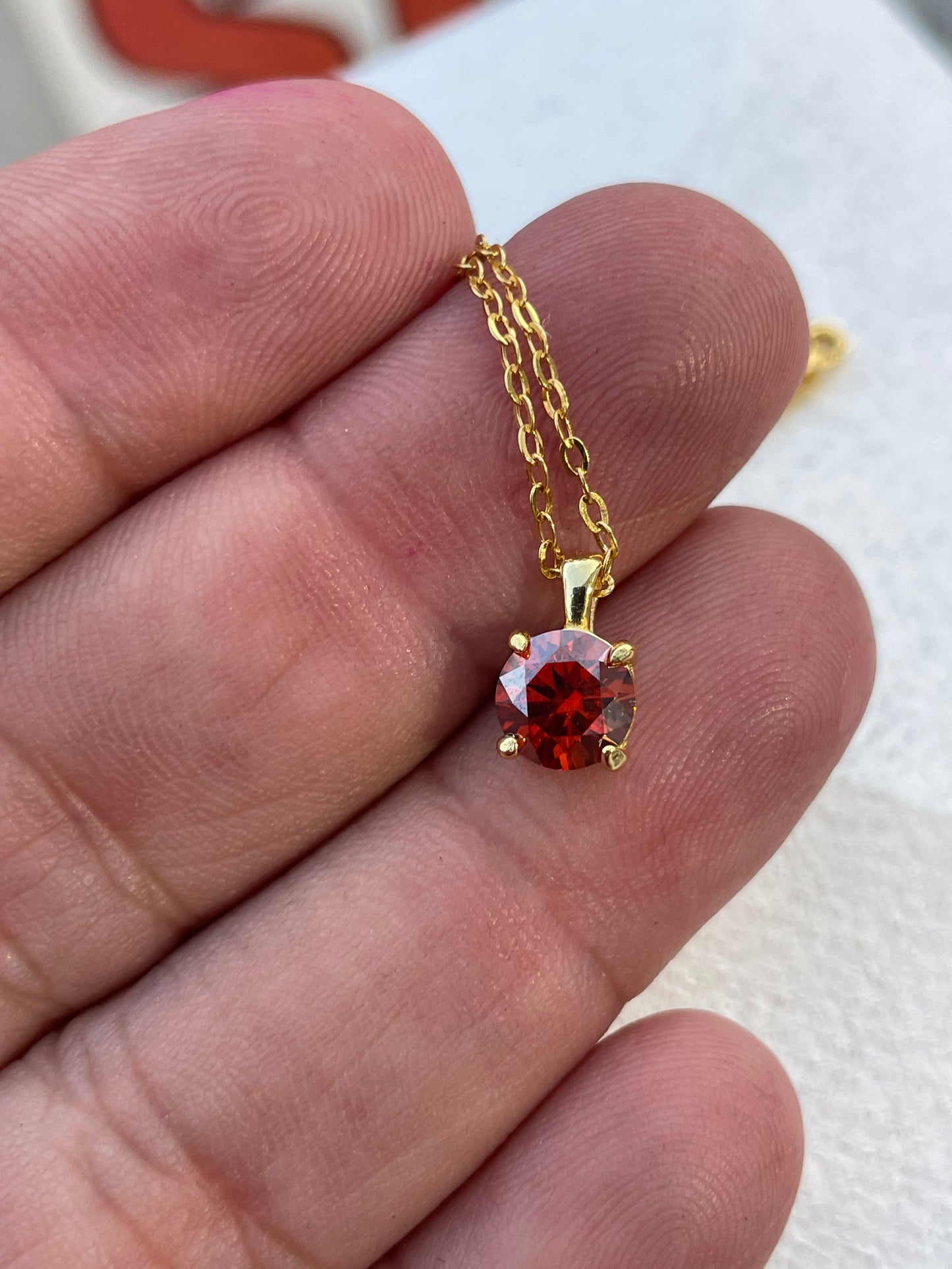 925 Sterling Silver Vermeil Crimson Red Diamond Solitaire Necklace 18”