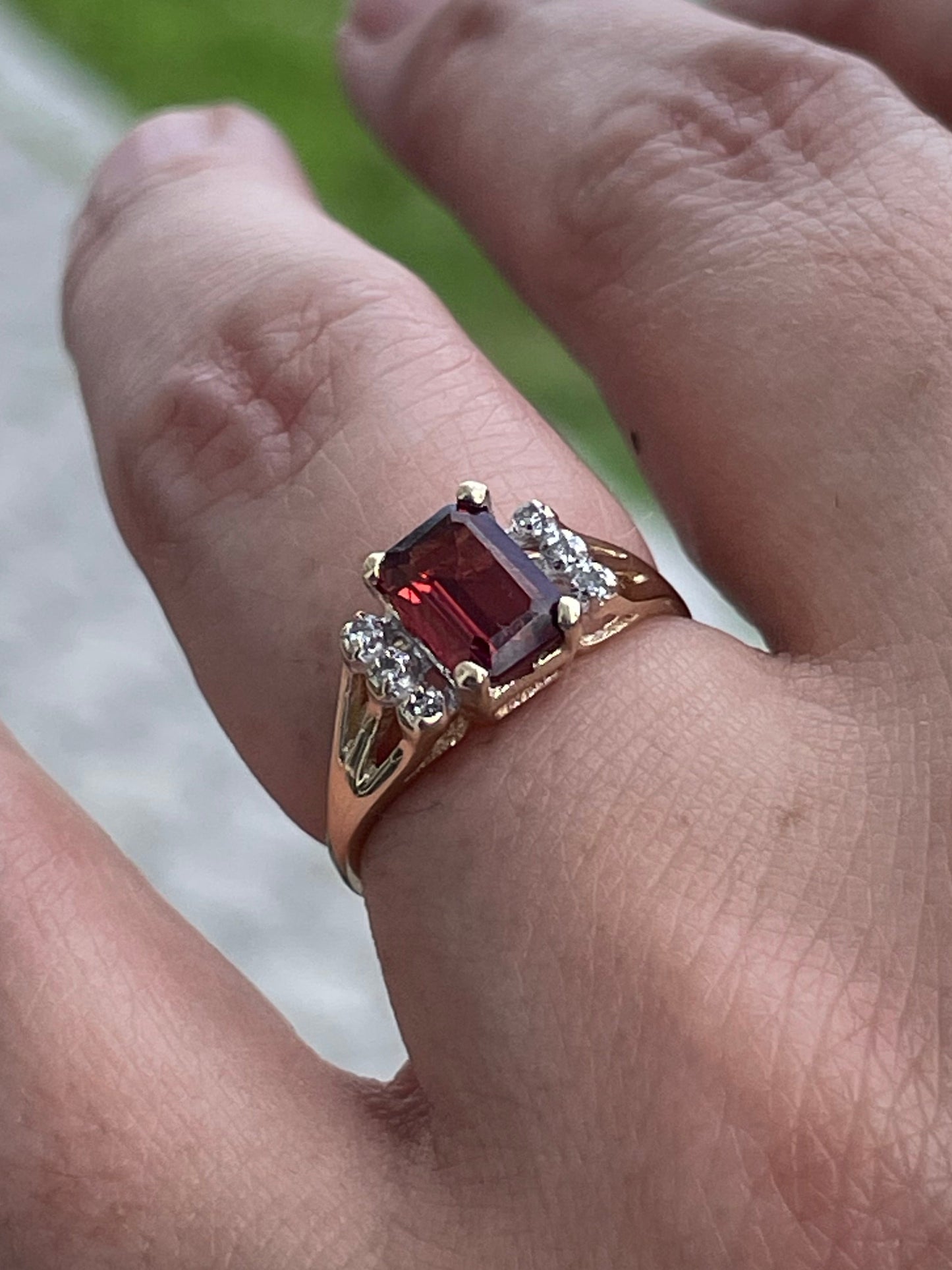 14k Gold Emerald Cut Garnet & Diamond Ring