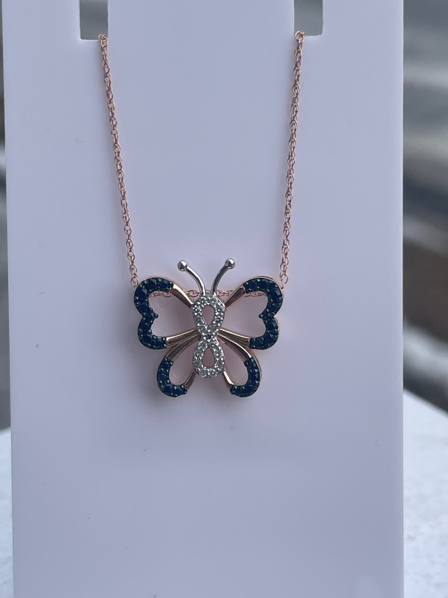 10k Rose Gold Natural Sapphire & Diamond Butterfly Necklace 18”