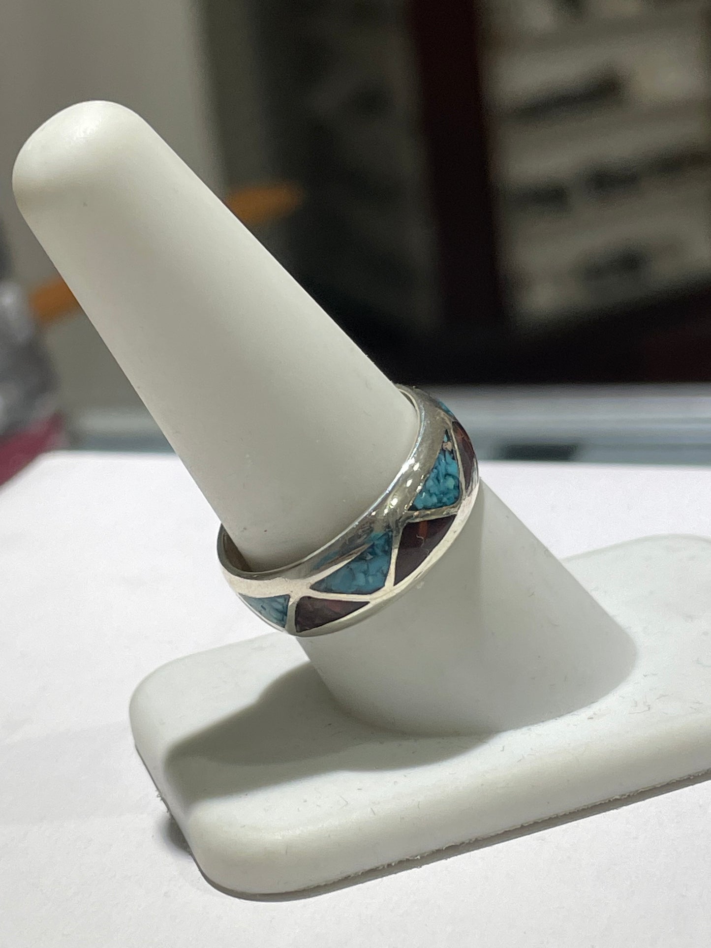 Sterling Silver Coral & Turquoise Zigzag Inlay Pattern Band Ring Size 9