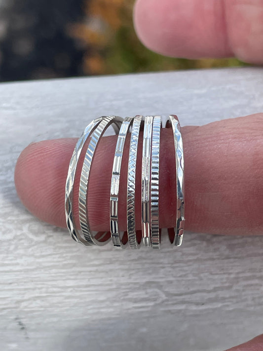 925 Sterling Silver 7pc Thin Textured Stack Band Rings Size 9