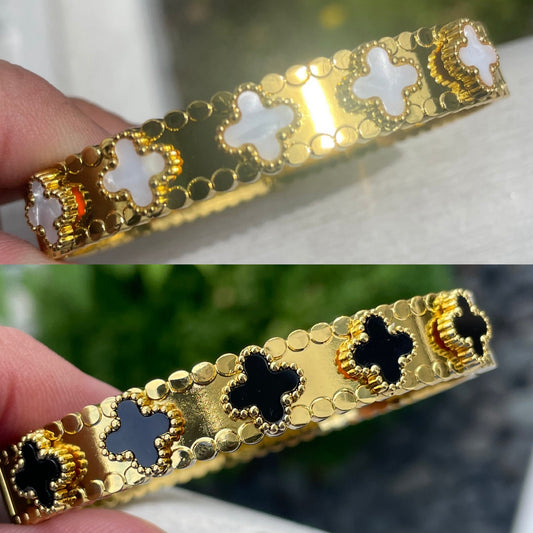 Stainless Steel Vermeil Quatrefoil White or Black Clover Bangle Bracelet 7”