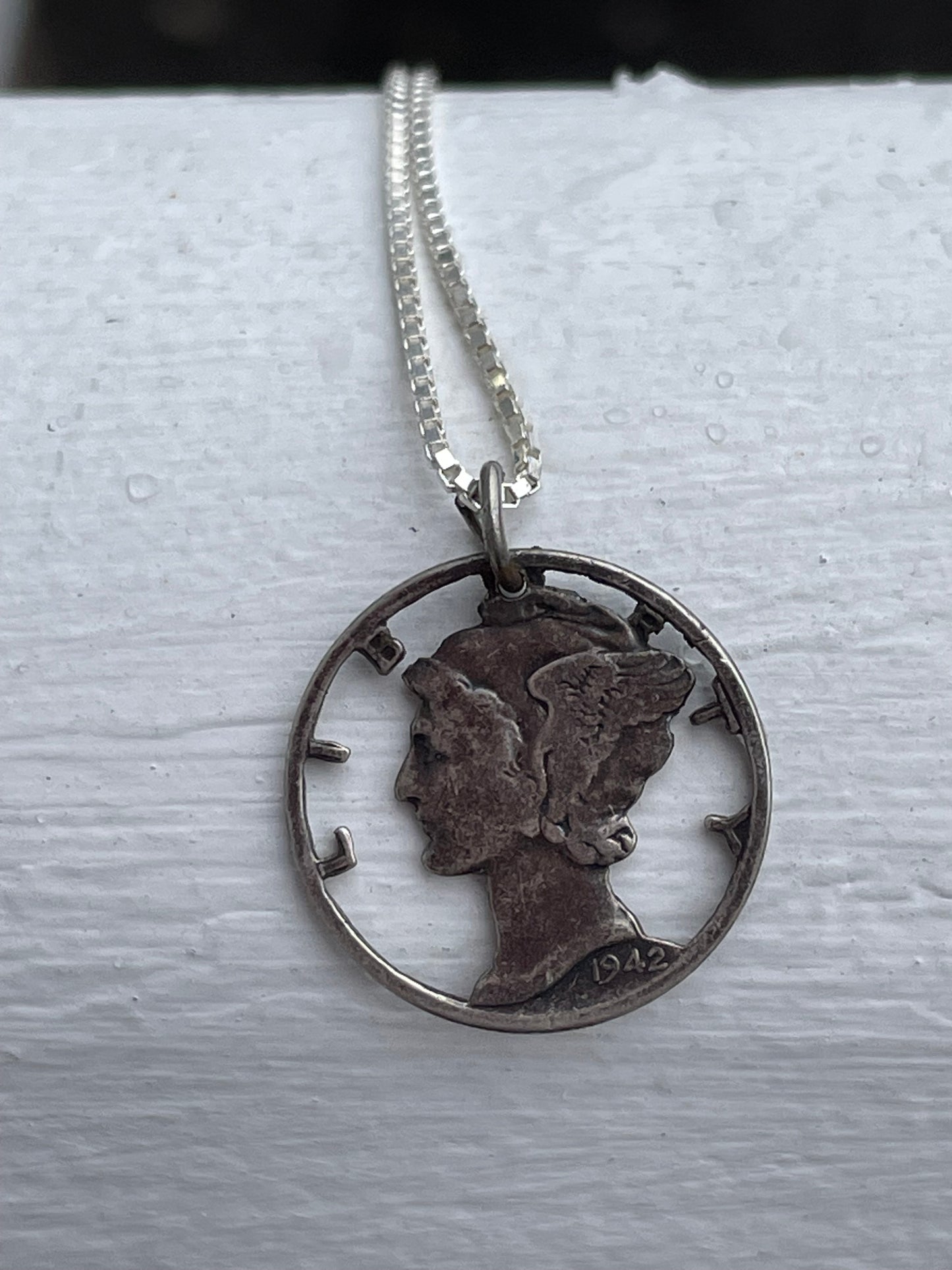 Silver Handmade Cutout Mercury Dime Necklace 18”