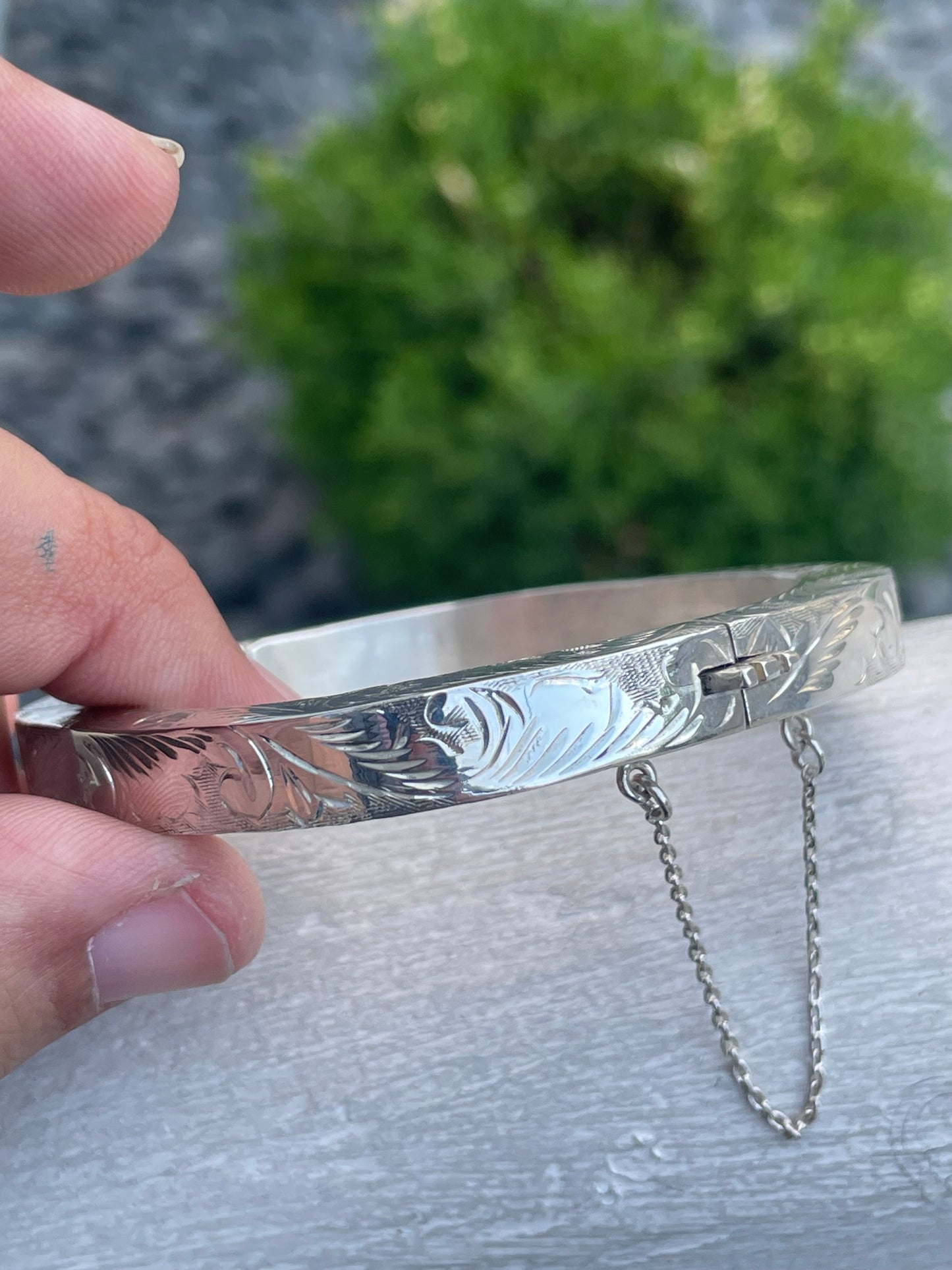 Vintage 925 Sterling Silver Hand Etched Bangle Bracelet 7”