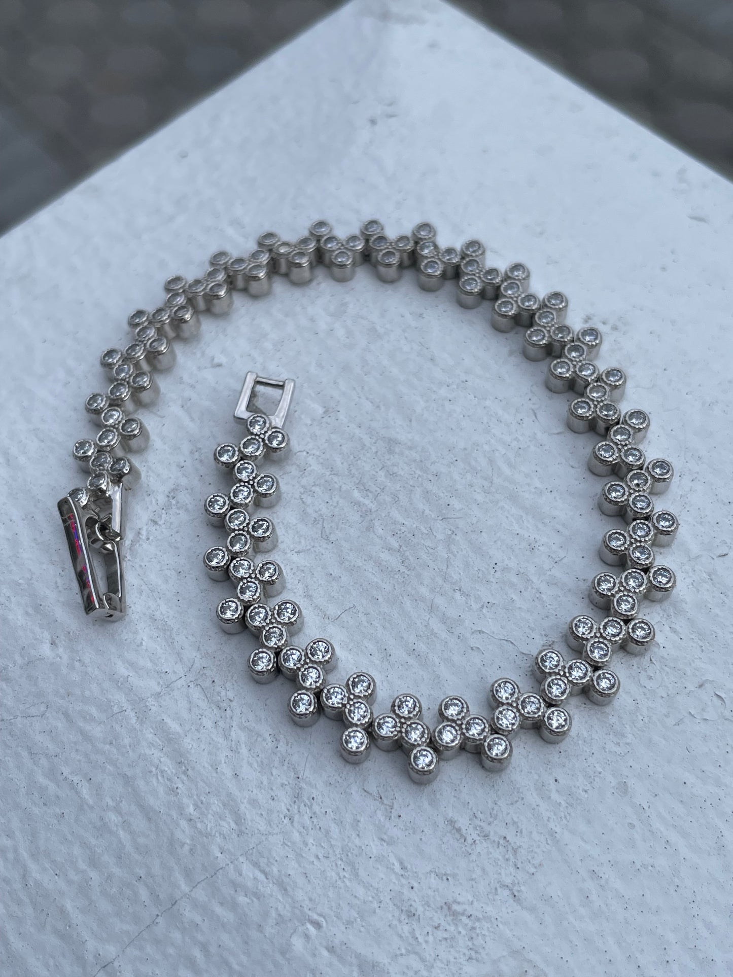 925 Sterling Silver Cubic Zirconia Cluster Tennis Bracelet 7”