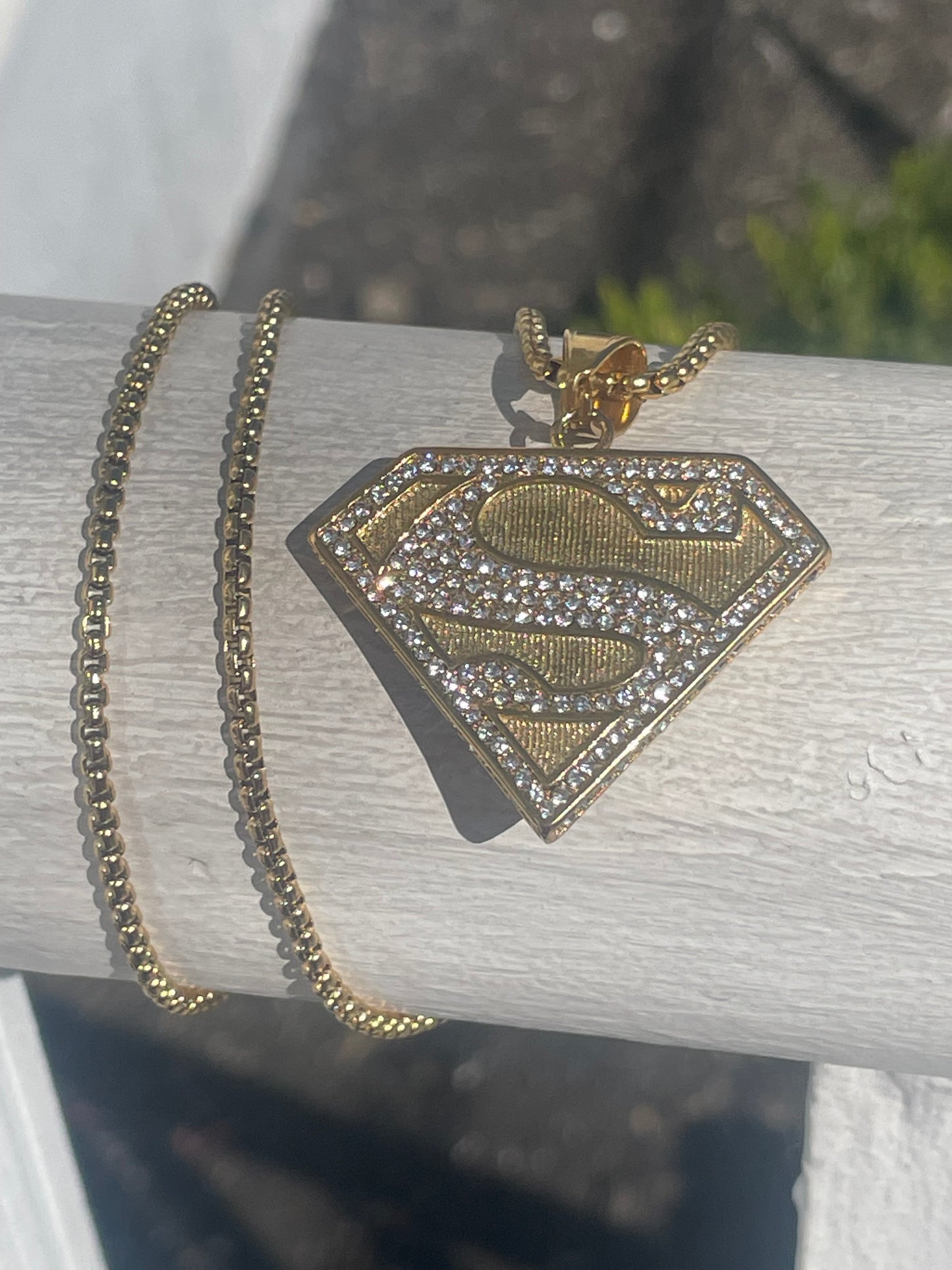 Stainless Steel Gold Color Sparkling Superman Logo Necklace