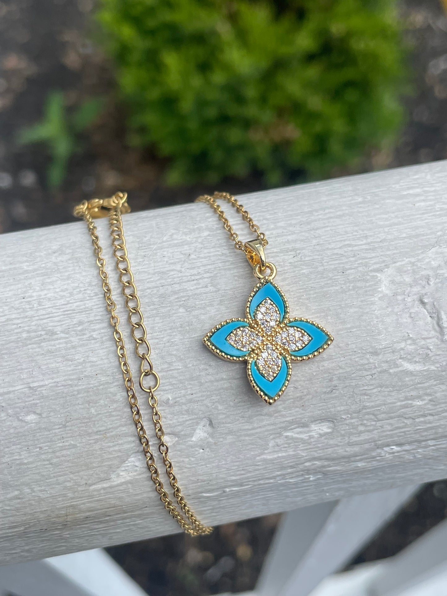 Stainless Steel Vermeil Quatrefoil Turquoise & Cz Necklace 16”-18”