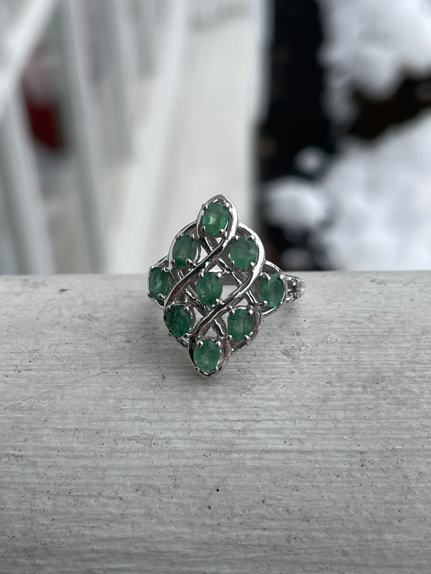925 Sterling Silver Natural Emerald Cluster Ring Size 6