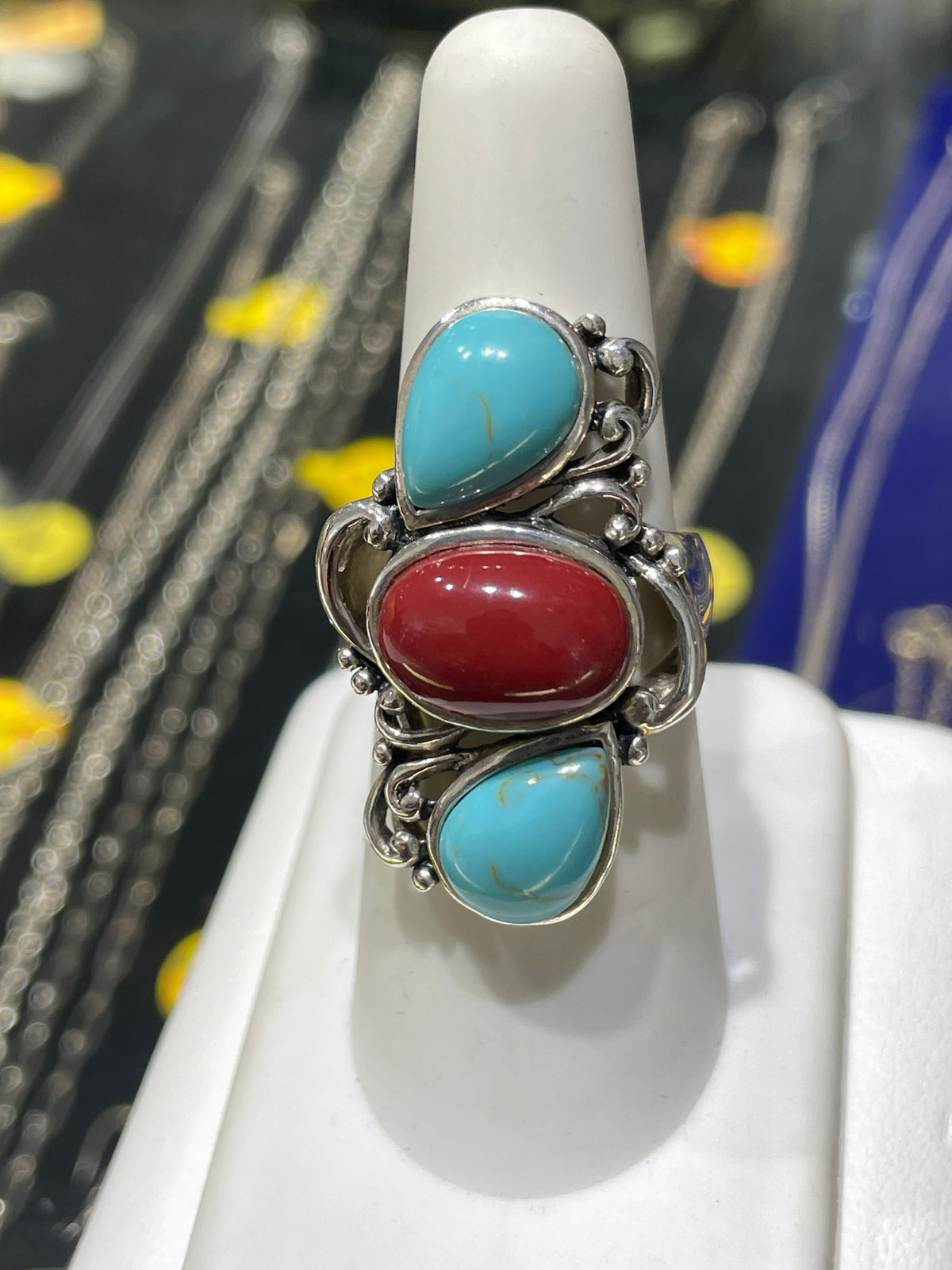 Designer CFJ 925 Sterling Silver Turquoise & Carnelian Vertical Past Present Future Ring Size 7