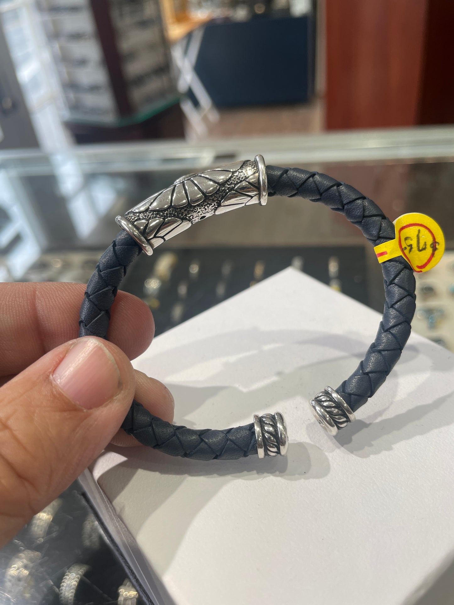 Designer Waldeck Johnson Dark Blue Braided Leather & 925 Sterling Silver Cuff Bracelet