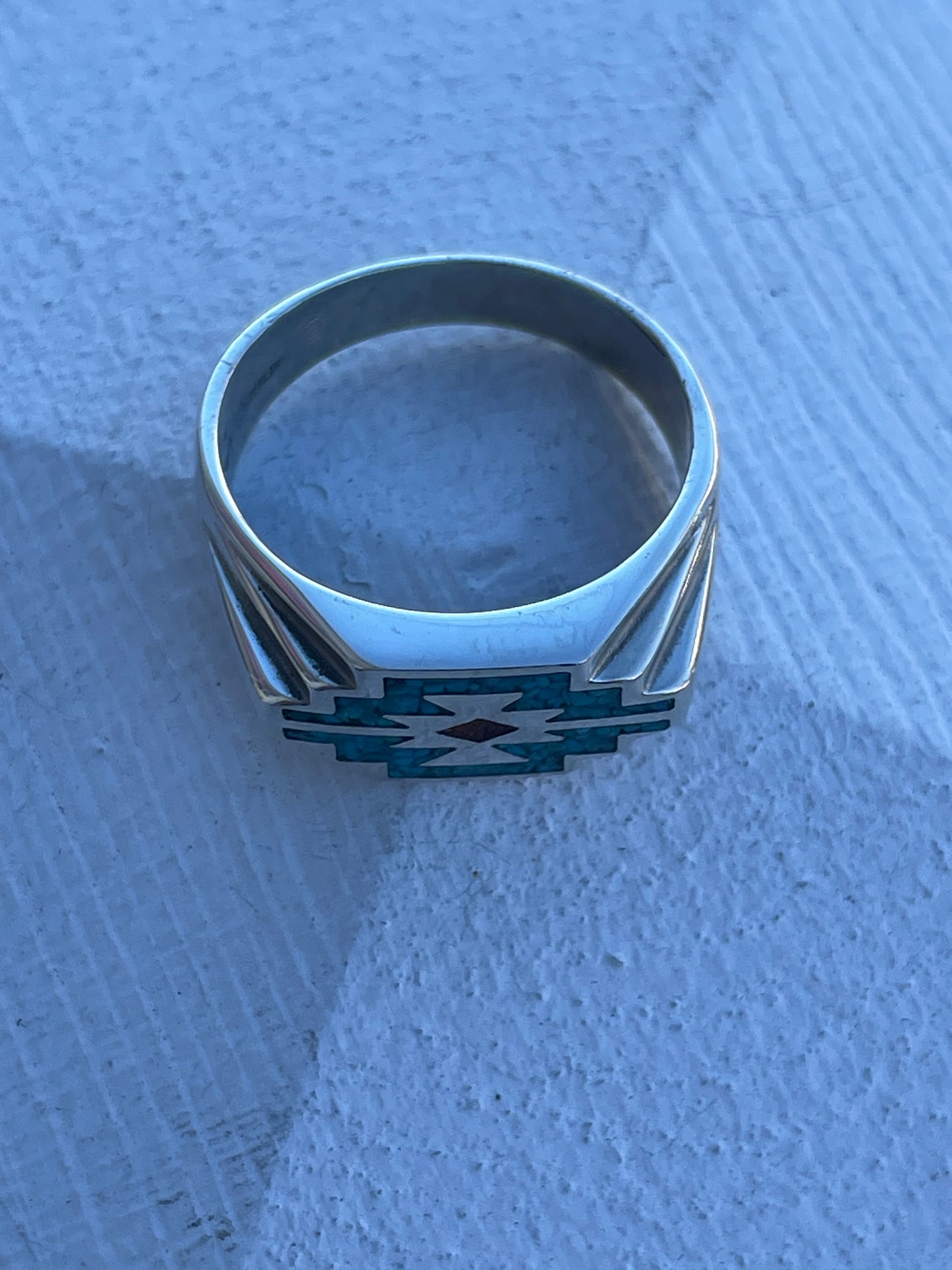 925 Sterling Silver Men’s Zuni Tribal Signet Tuquoise & Coral Ring Size 12.5