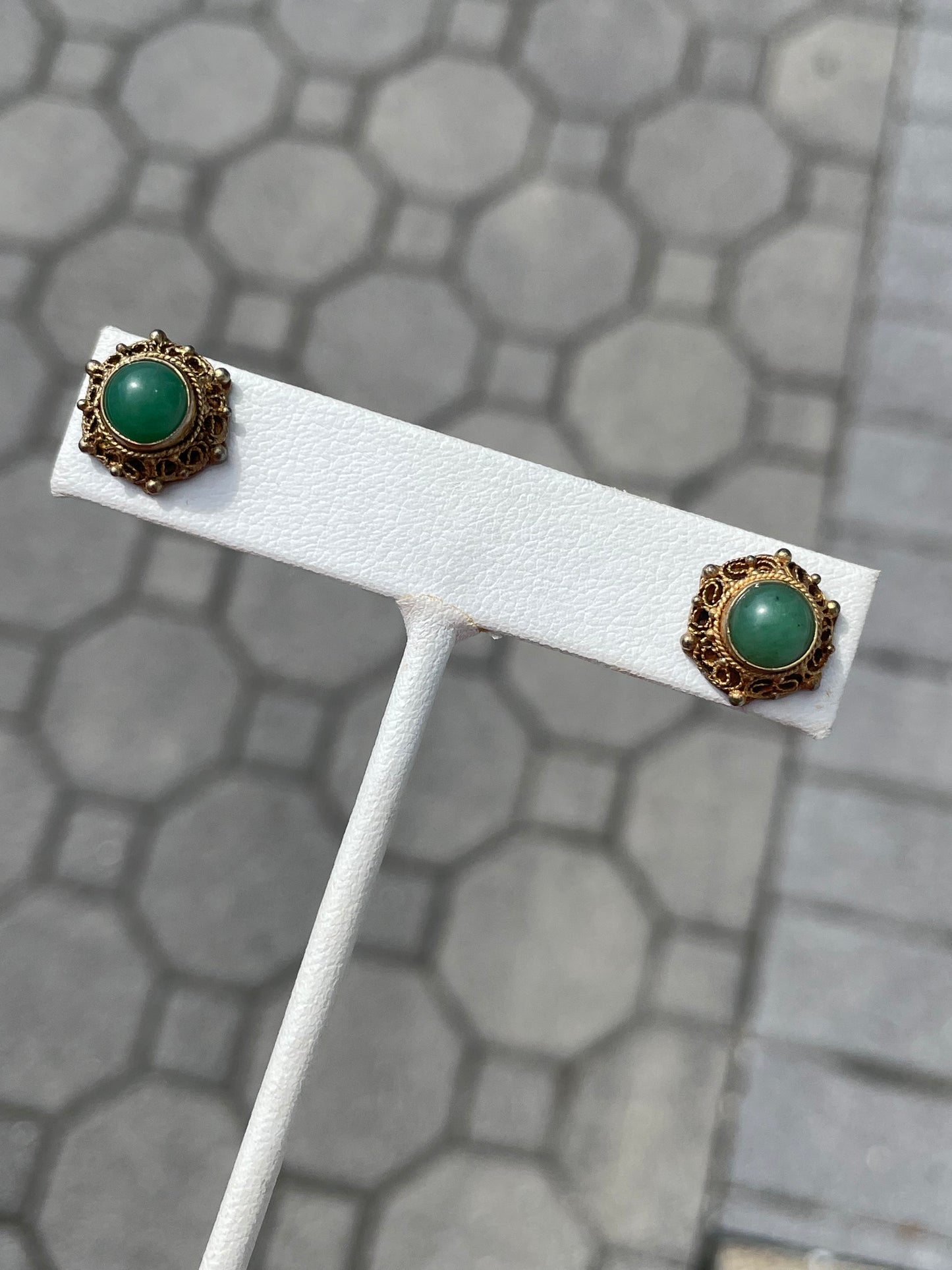 925 Sterling Silver Vermeil Jade Stud Earrings