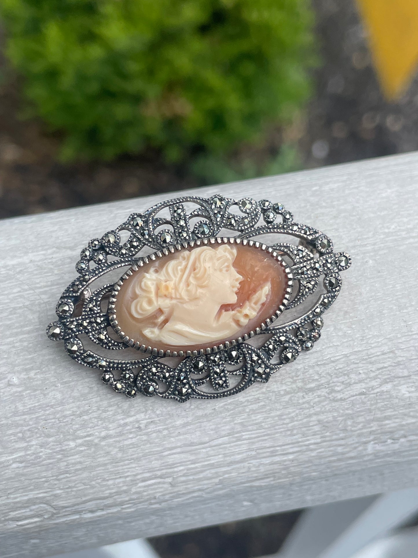 Designer Heirloom 73 Marcasite Cameo 925 Sterling Silver Brooch