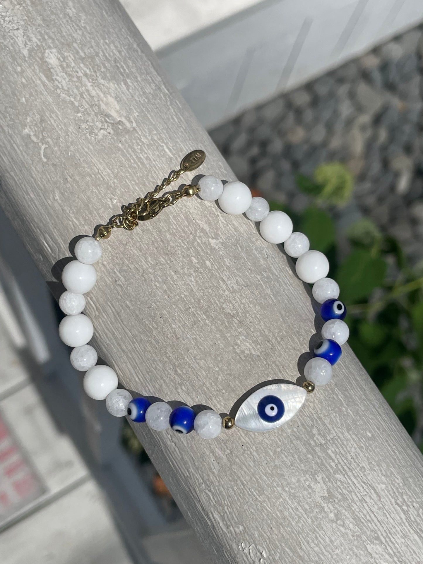 Stainless Steel Vermeil White & Blue Beaded Evil Eye Bracelet 7”-8.5”