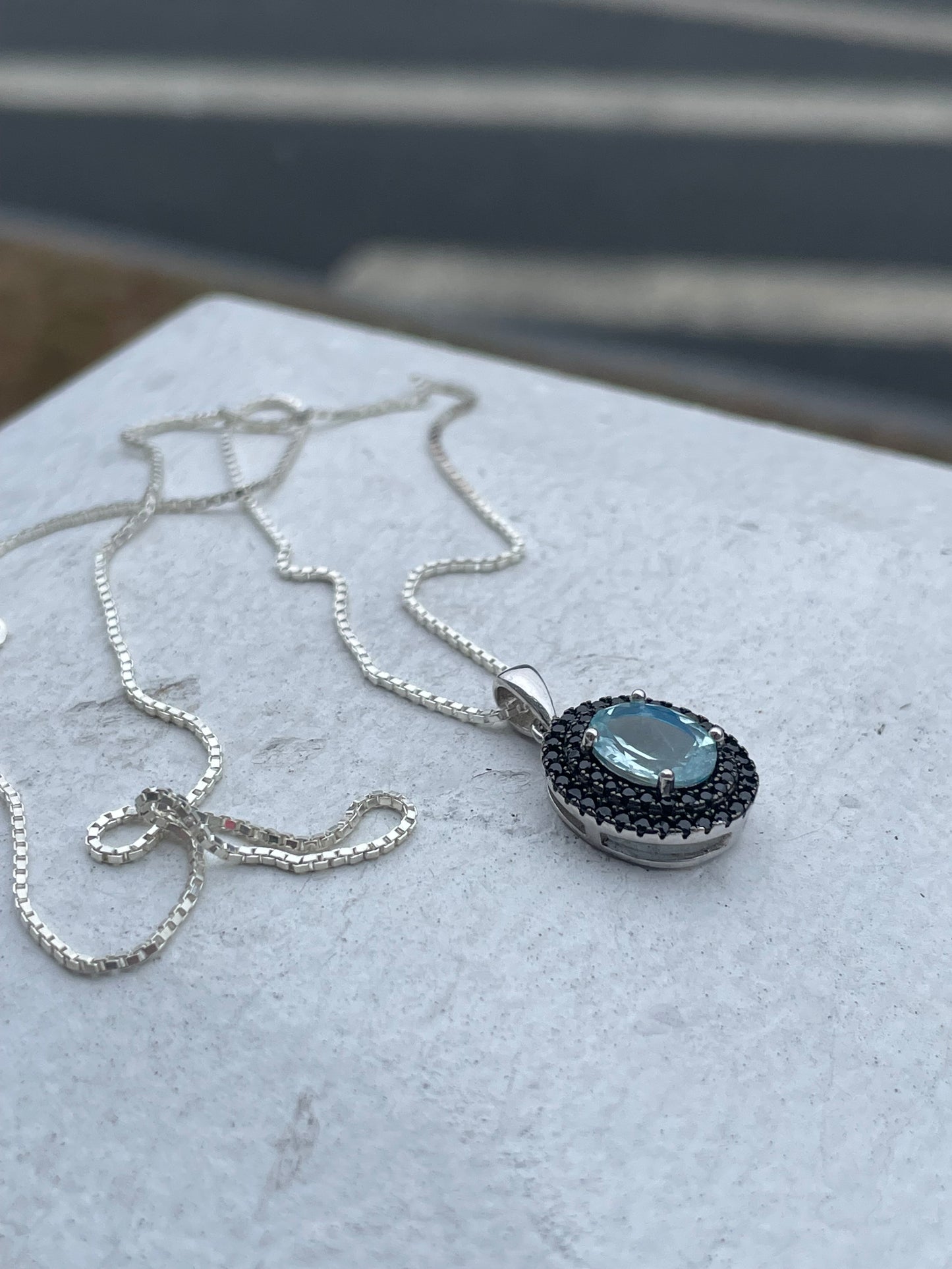 925 Sterling Silver Blue Topaz & Black Zirconia Necklace