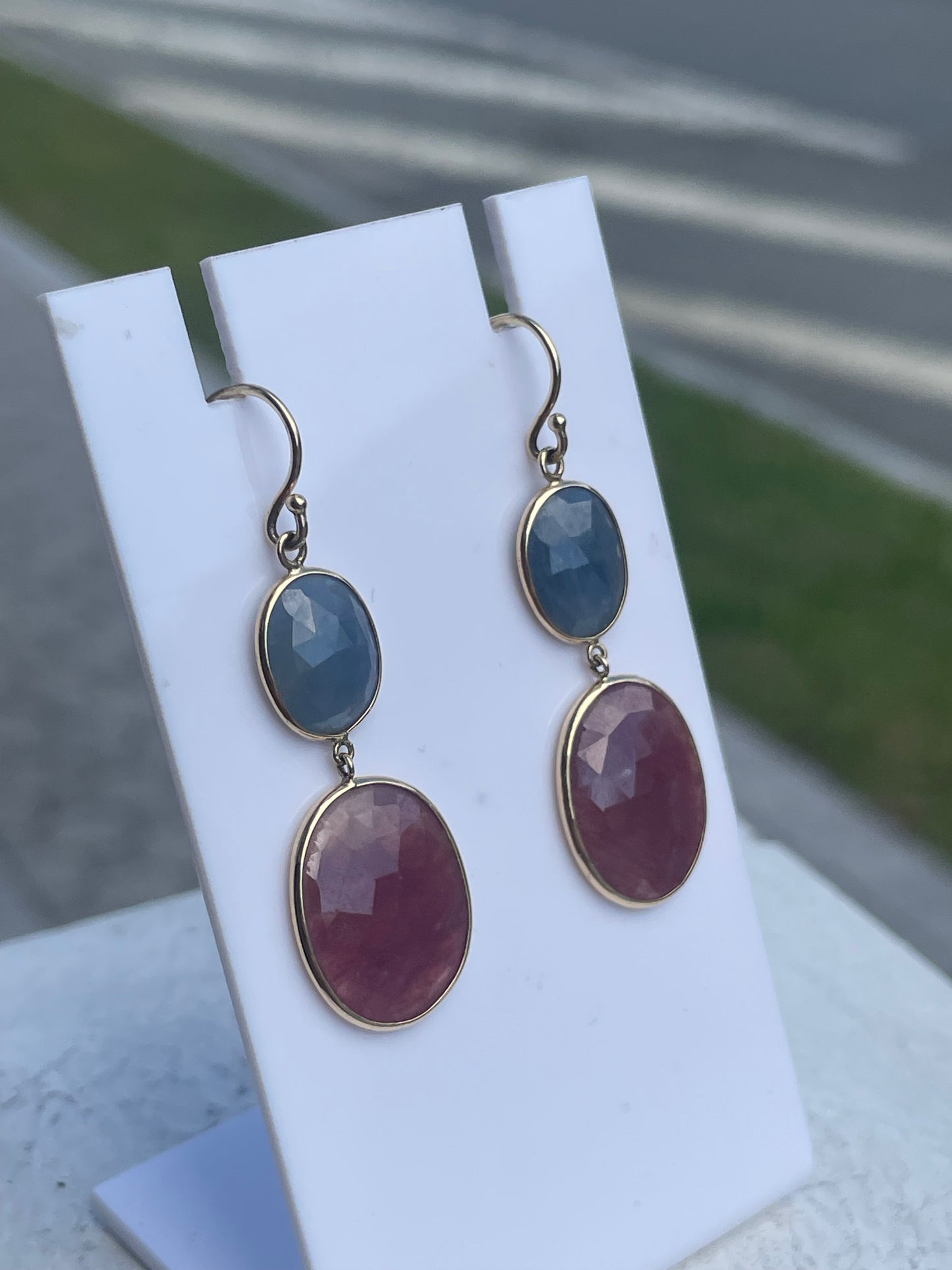 14k Gold Peach & Periwinkle Blue Agate Dangle Earrings