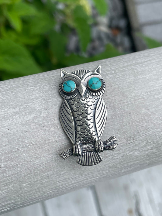 Designer Bell Trading Post Turquoise Eyes Owl Pin