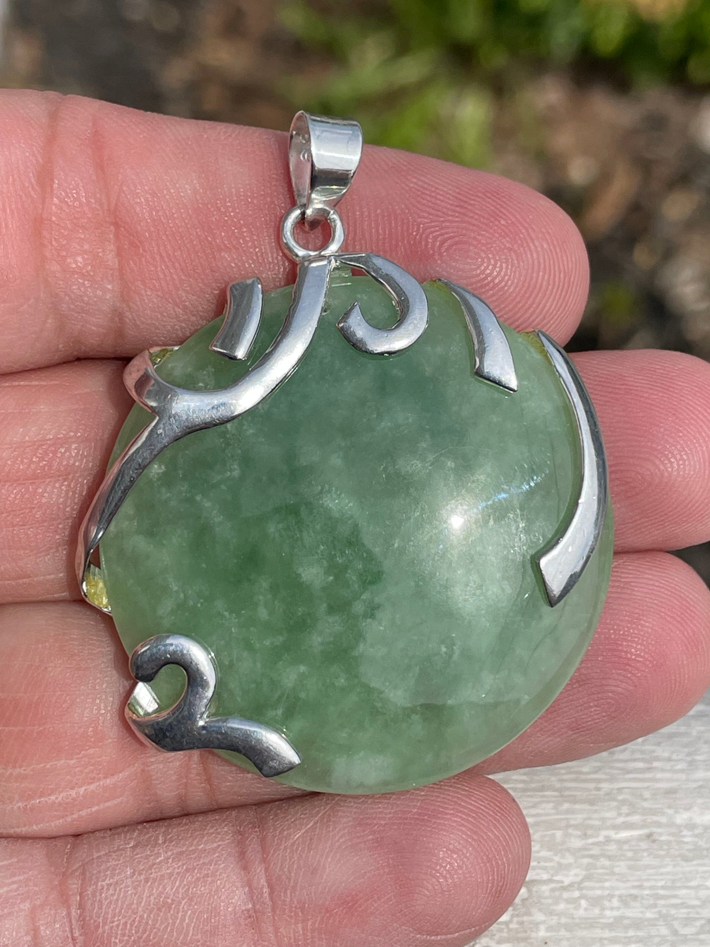 925 Sterling Silver Natural Jade Heavy Stone Disc Pendant
