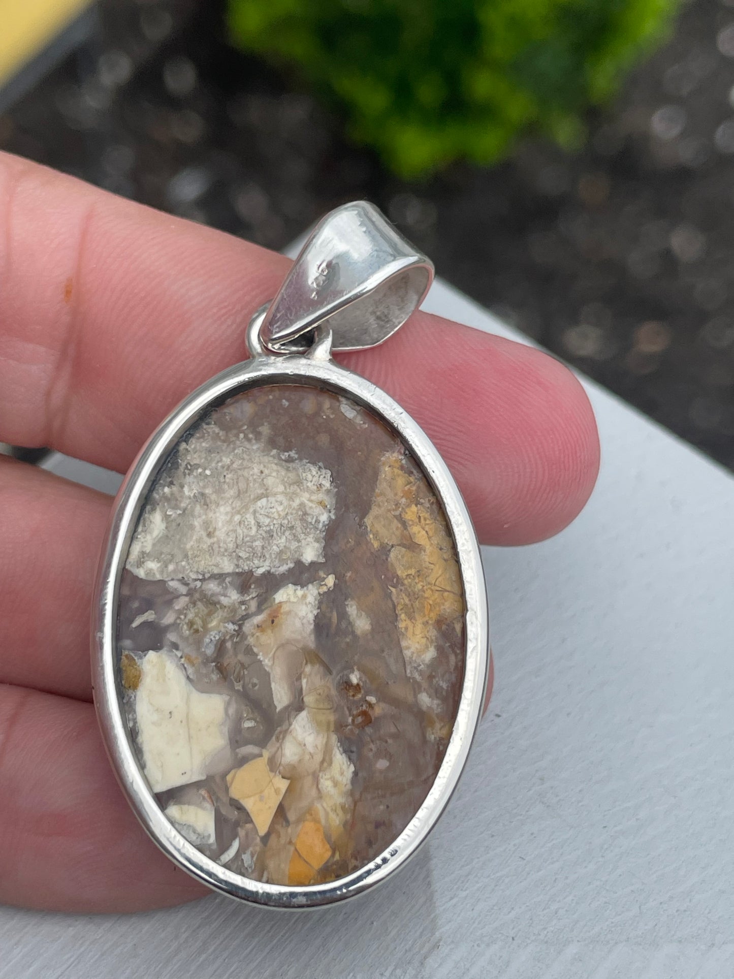 925 Sterling Silver Epoxy Resin Concrete Flakes Oval Pendant