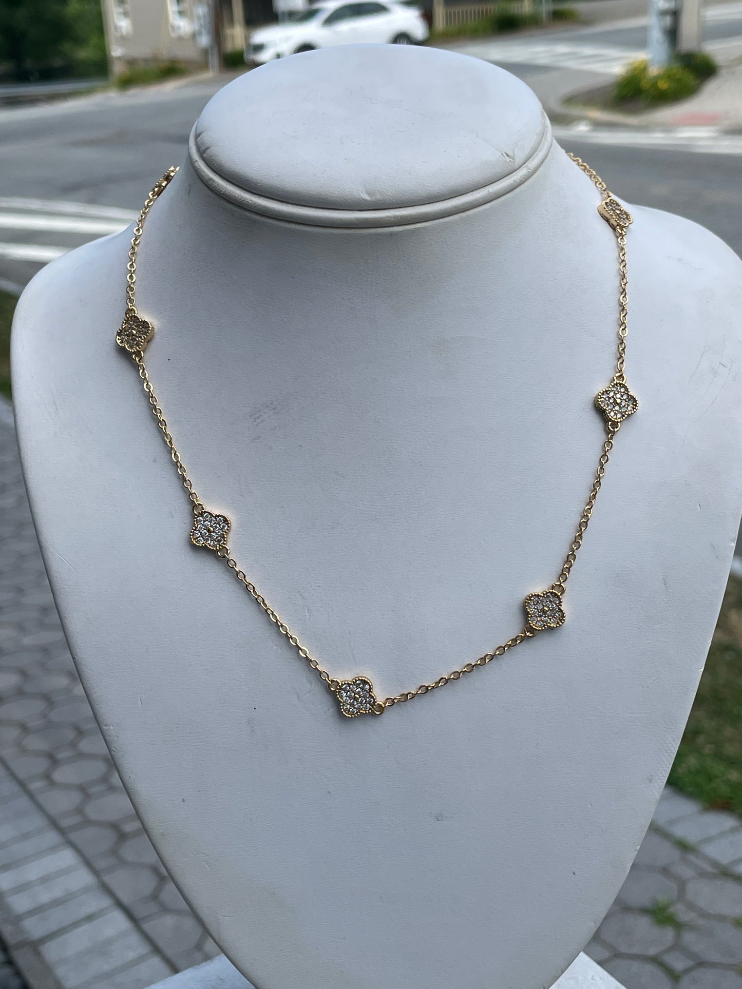 Stainless Steel Gold-plated Mini Clover Station Van Cleef Style Sparkling Cz Alhambra Necklace 18”-20”