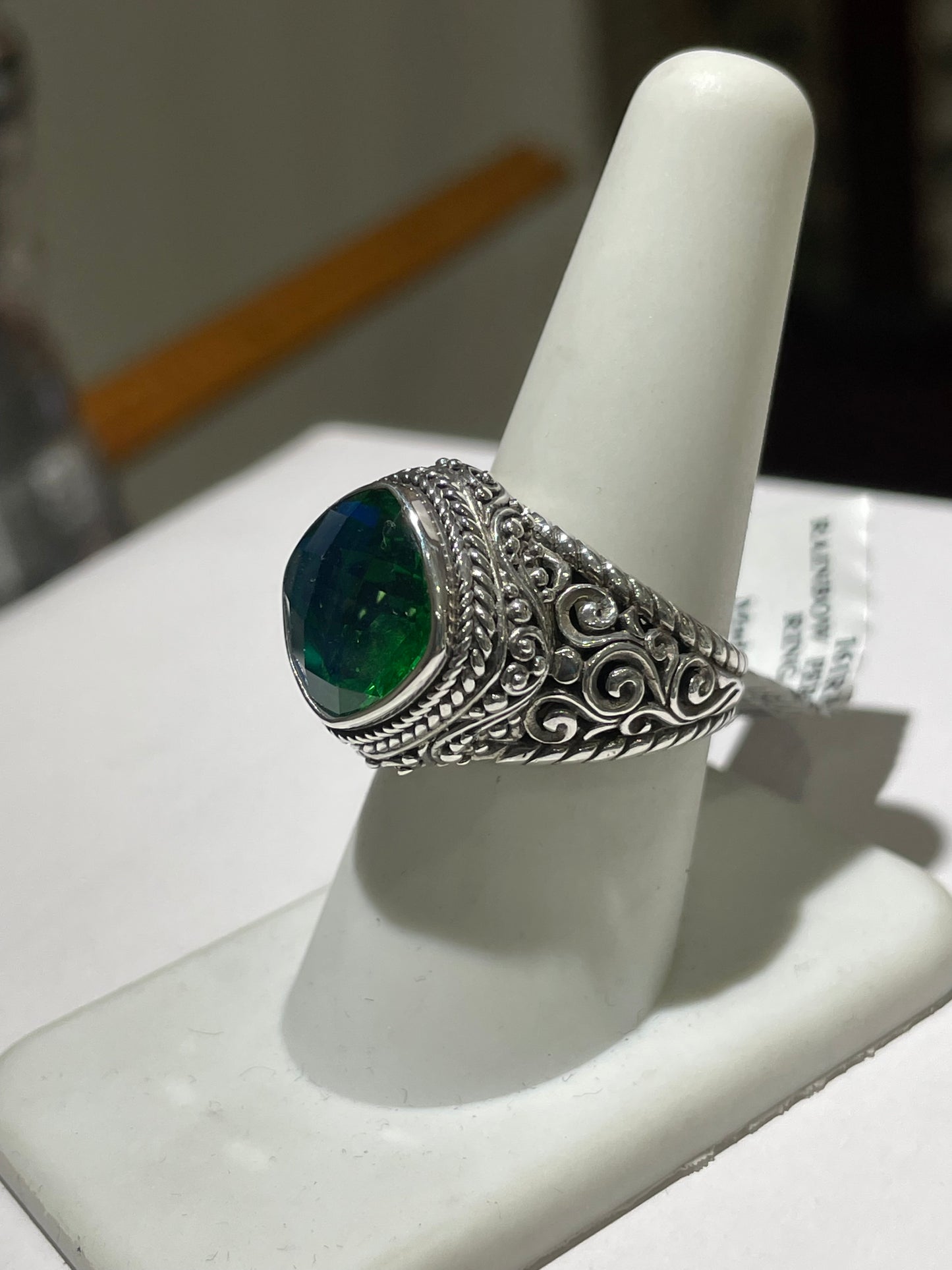 Designer Sarda Rainbow Peridot Quartz Multi Faceted Ring w/ Bali Filigree Setting Size 8