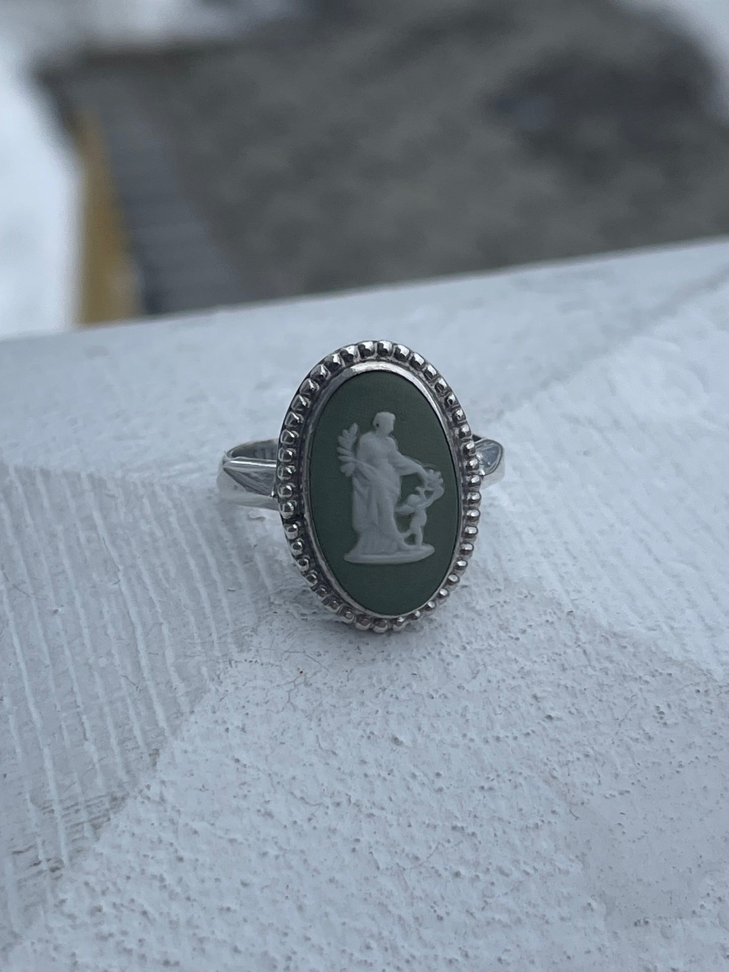 Designer Wedgwood 925 Sterling Silver Green Jasper Cameo Ring Size 6