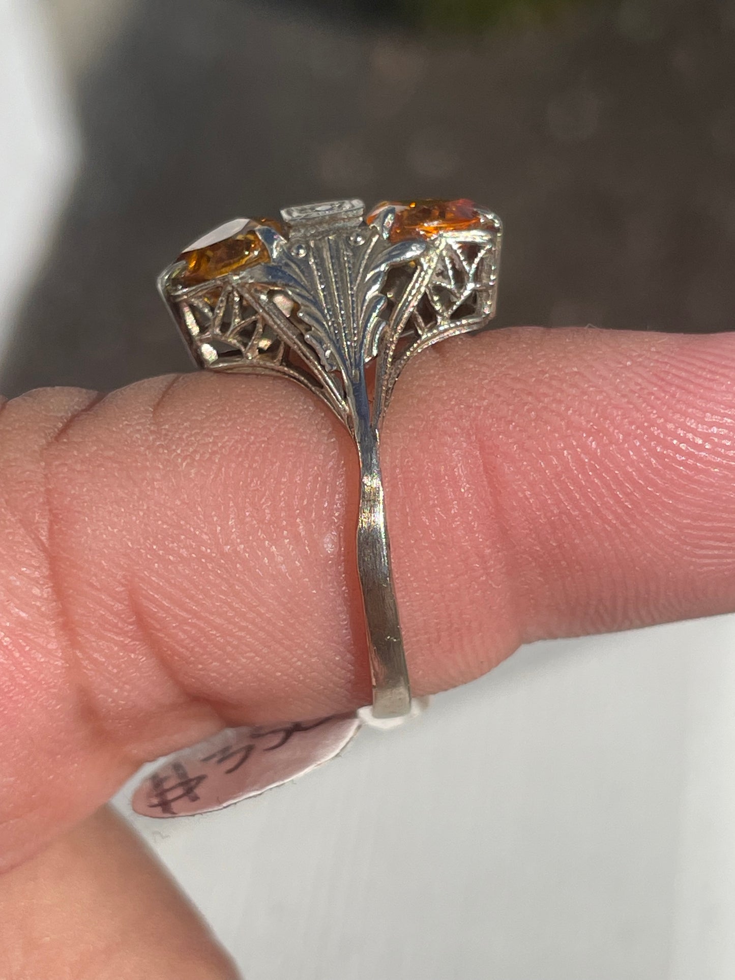 14k White Gold Antique Art Deco Double Heart Citrine & Diamond Ring Size 7.5