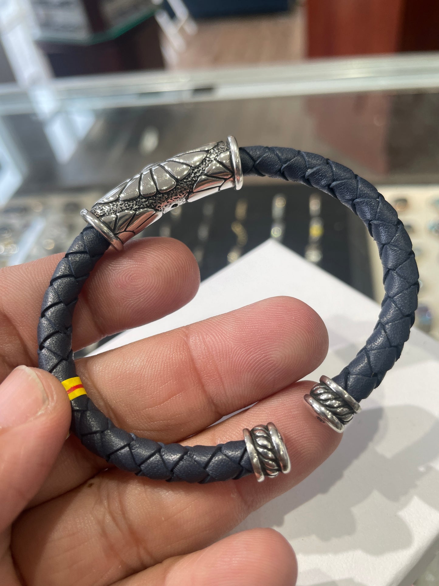 Designer Waldeck Johnson Dark Blue Braided Leather & 925 Sterling Silver Cuff Bracelet