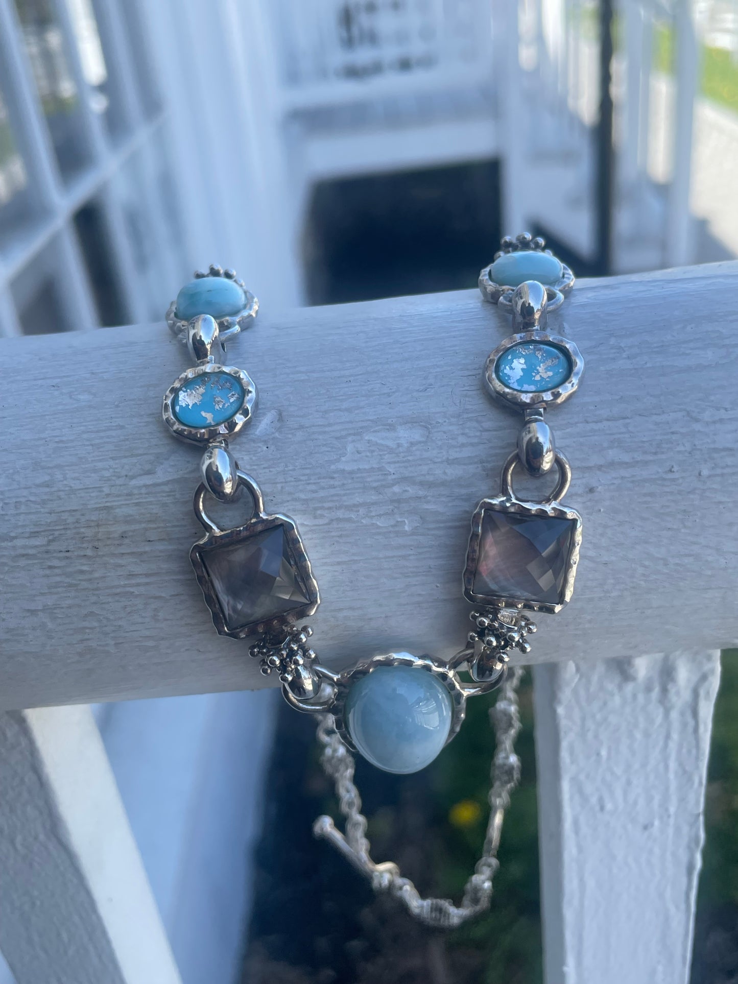 Designer Michael Dawkins Aquamarine, Mother of Pearl, Turquoise, and Larimar Statement Necklace