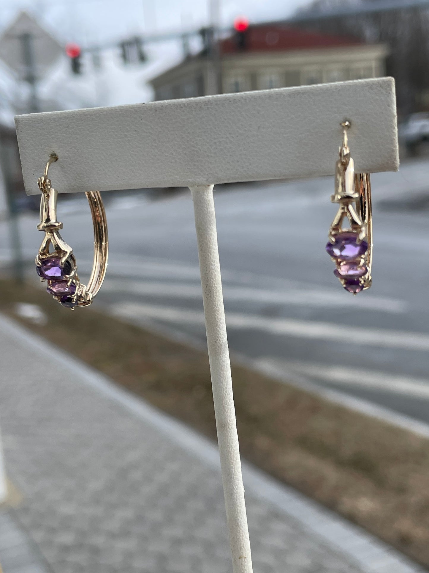 14k Gold Amethyst Past Present Future Hoop Earrings