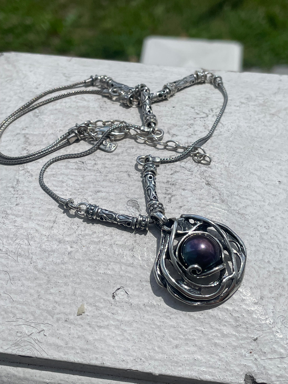 925 Sterling Silver Designer PAZ Made in Israel Black Pearl Amulet Necklace