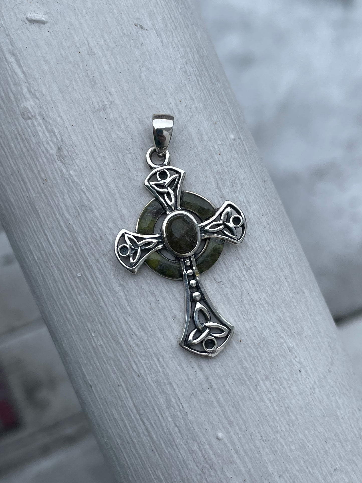 Made in Ireland Green Marble Celtic Cross Pendant 925 Sterling Silver (K19)