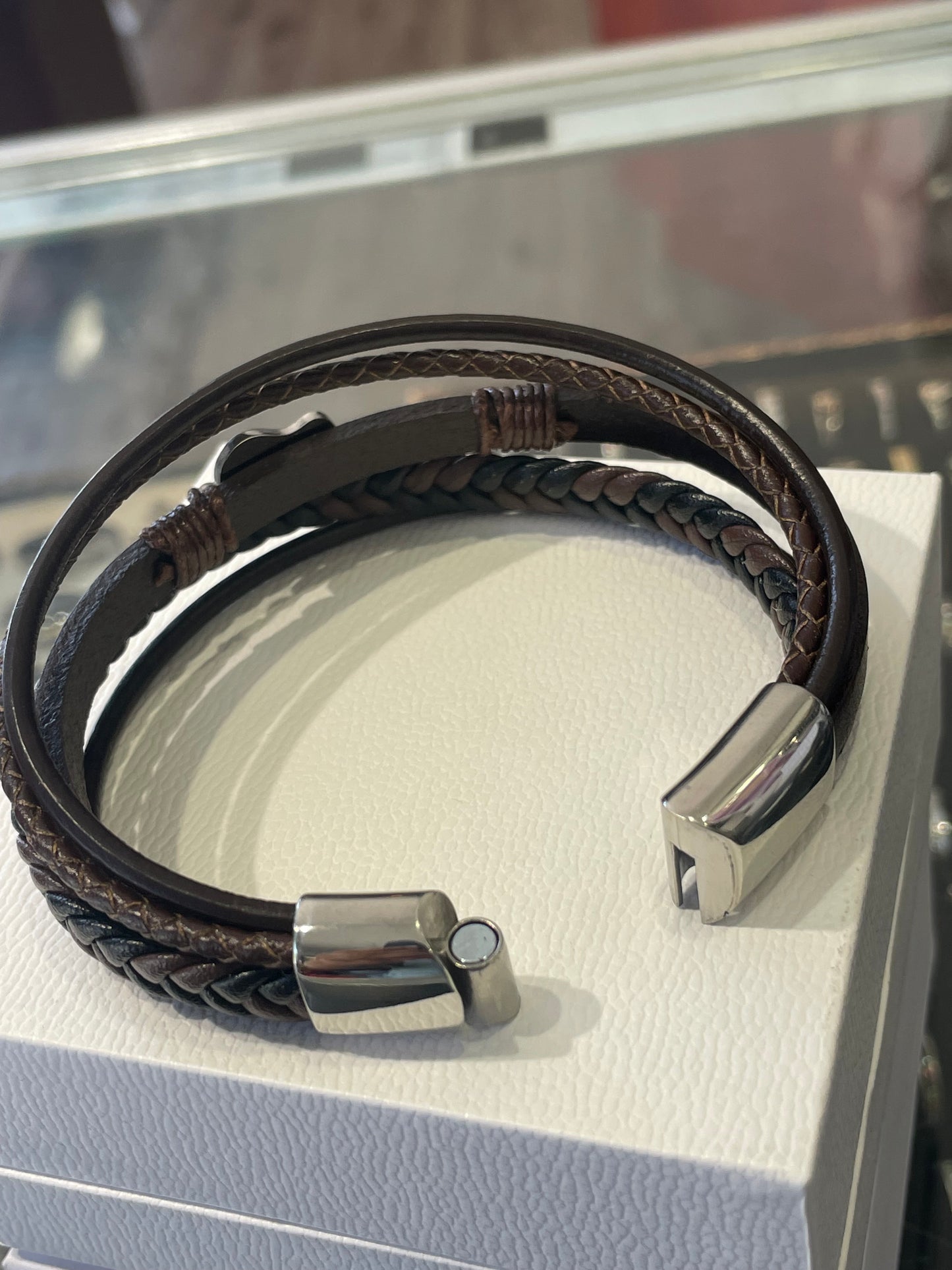 Stainless Steel & Brown Leather Multi strand guitar bracelet 7.5”