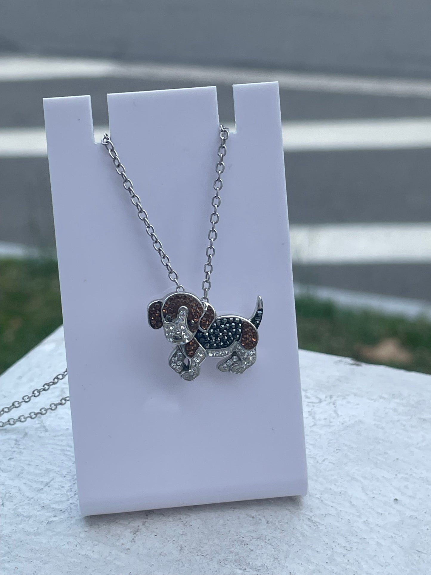 Designer Animal Planet 925 Sterling Silver Sparkling Crystal Beagle Dog Necklace 18”
