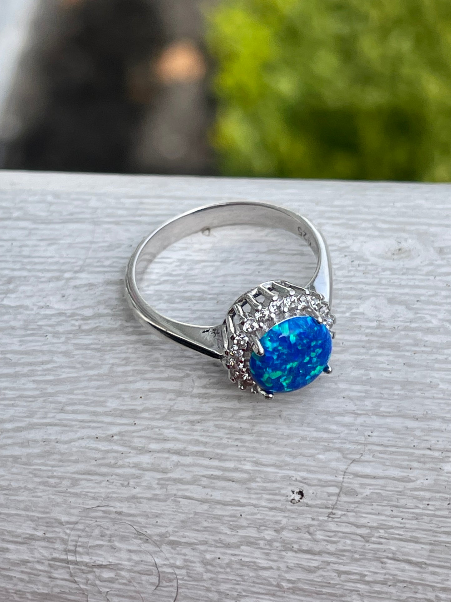 925 Sterling Silver Blue Opal & Cz Solitaire Ring Size 7