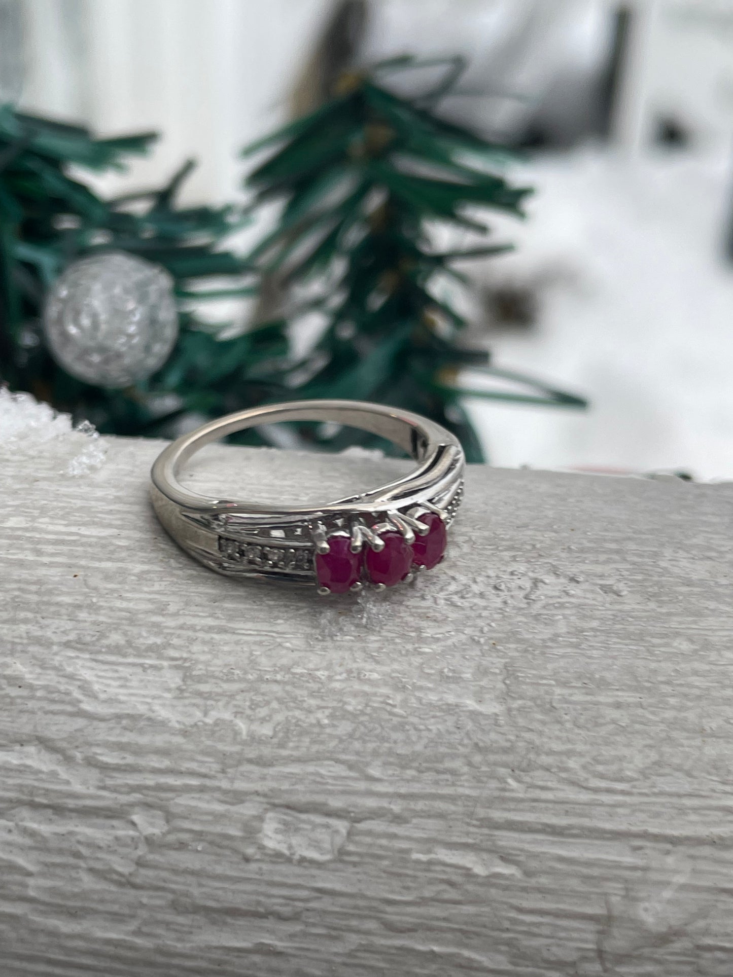 925 Sterling Silver Past Present Future Natural Ruby & Diamond Ring Size 8